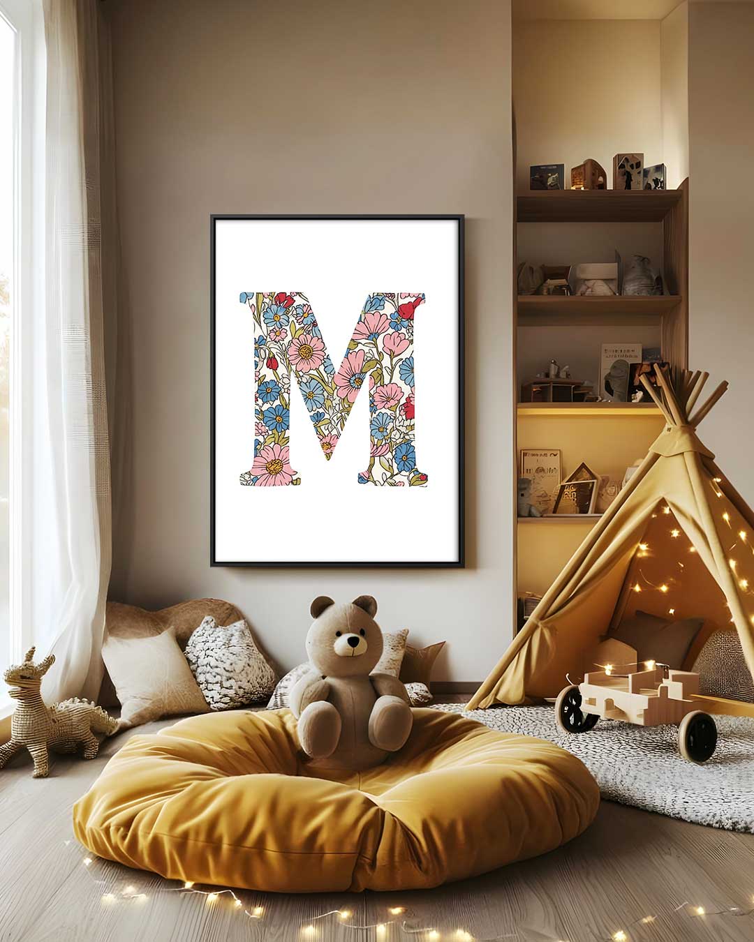 Bloemenpatroon Muurdecoratie Letter M Kunstwerk-canvas-dibond-plexiglas-wanddecoratie-WallArtistic