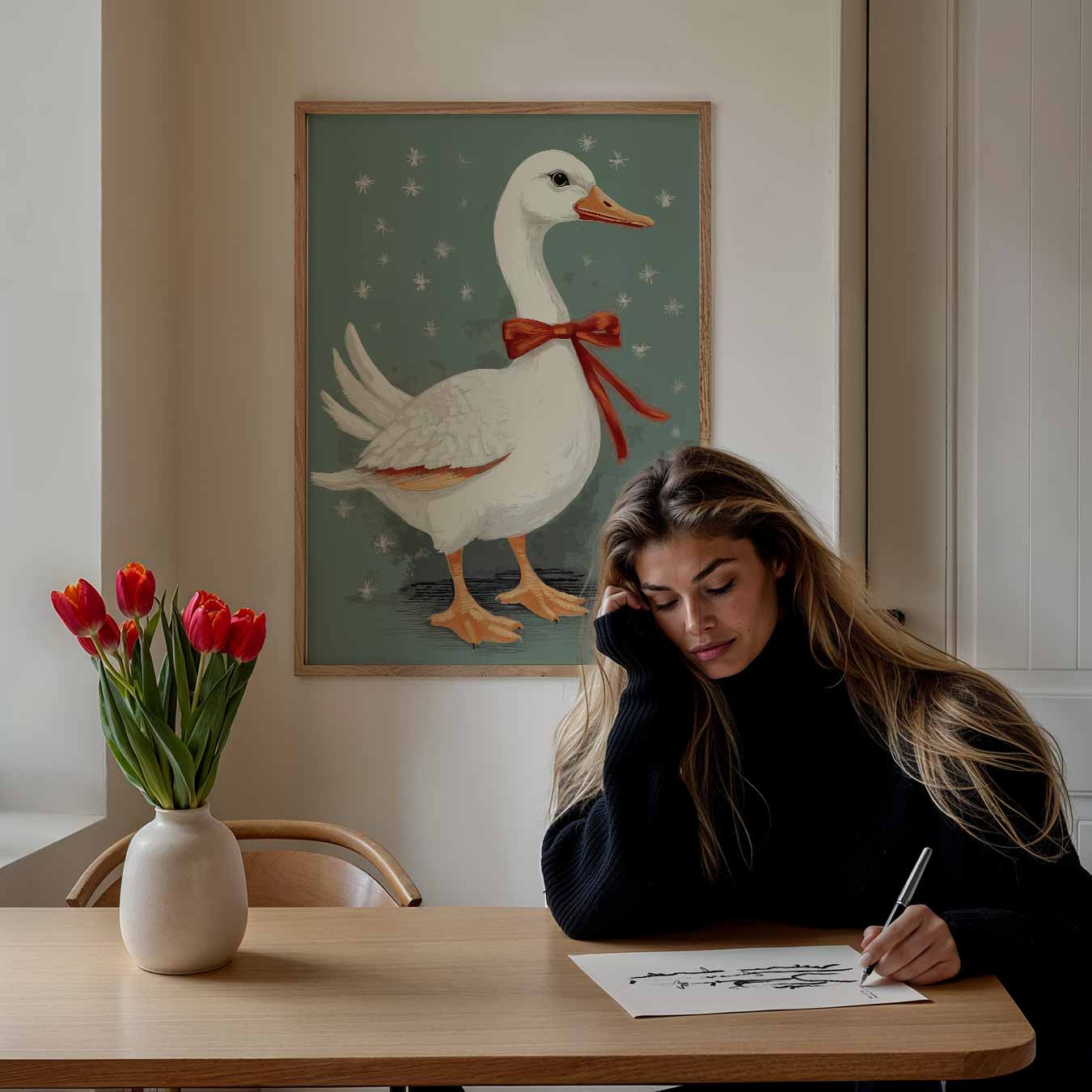 Charmante Eend Met Strik Poster-WallArtistic