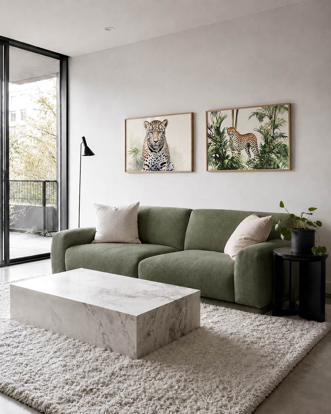 Twee liggende posters met een luipaard tegen een lichte achtergrond met groene bladeren, aan de muur in een interieur