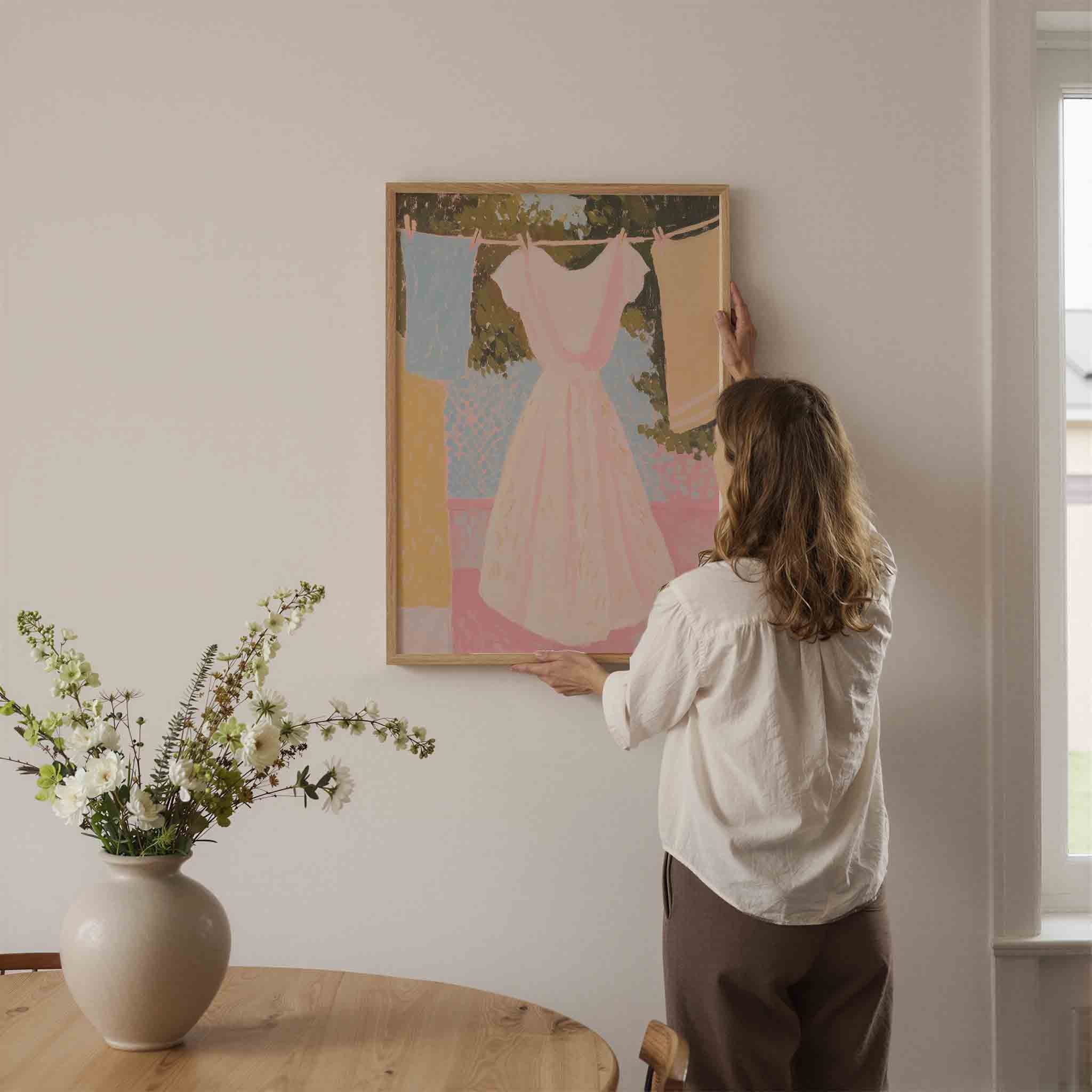 Witte jurk aan waslijn Poster