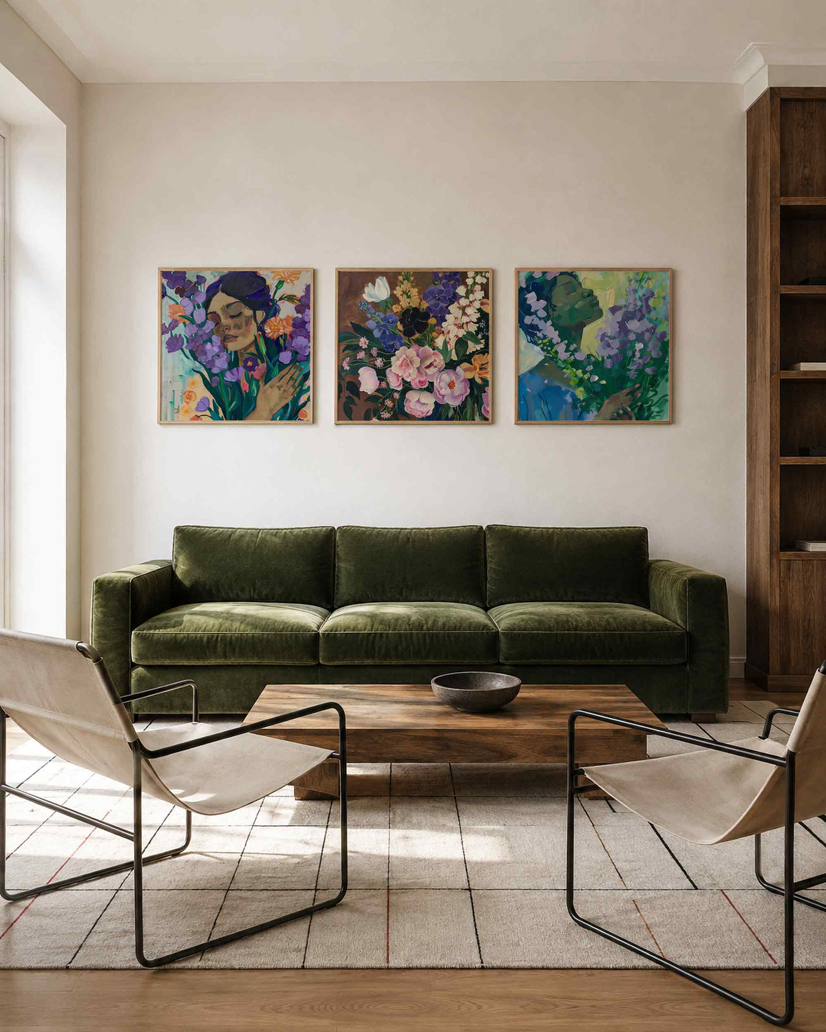 Interieurpresentatie van een driedelige vierkante posterset met bloemenportretten
