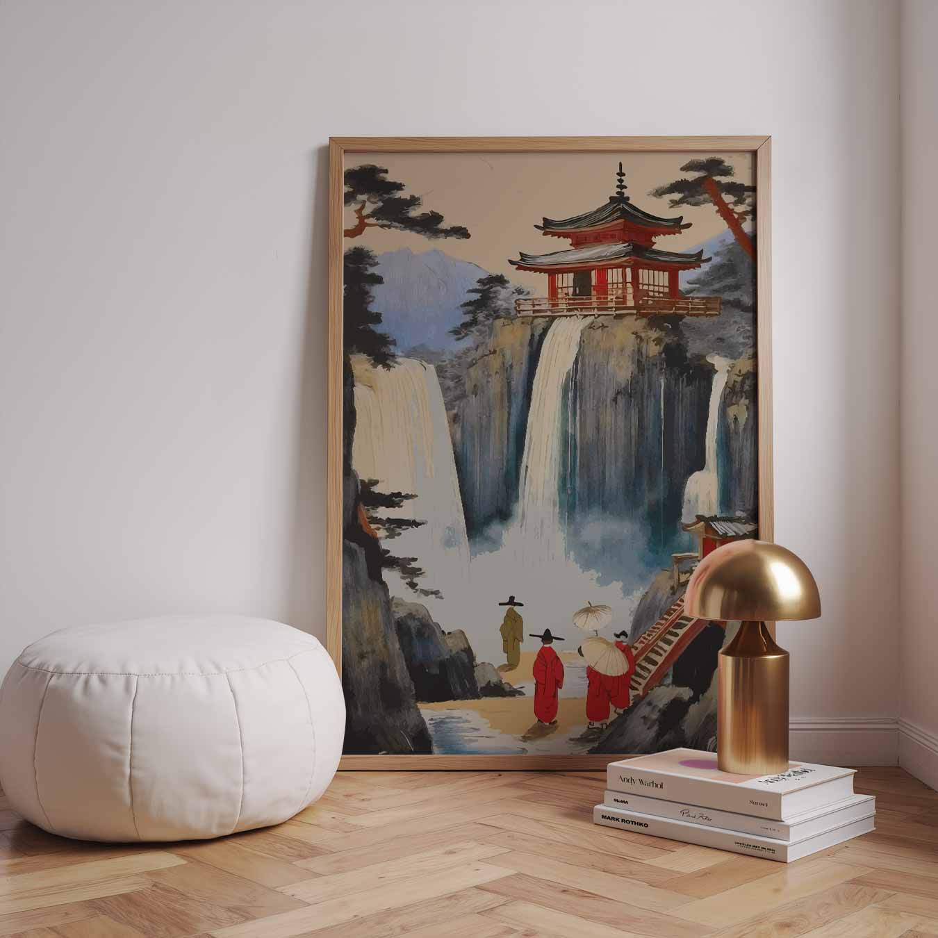 Japanse Waterval en Tempel Poster-WallArtistic