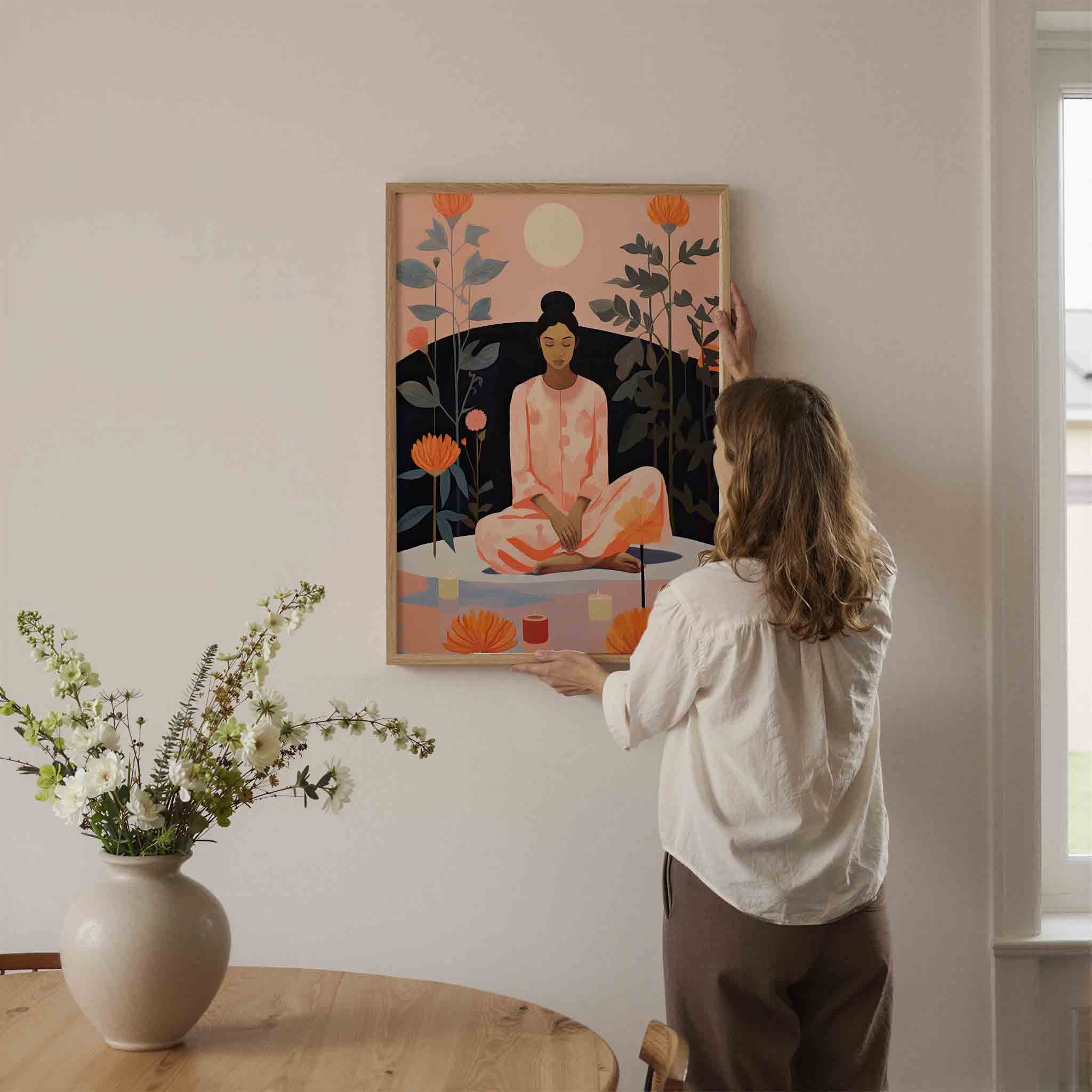 Mediterende vrouw met bloemen Poster