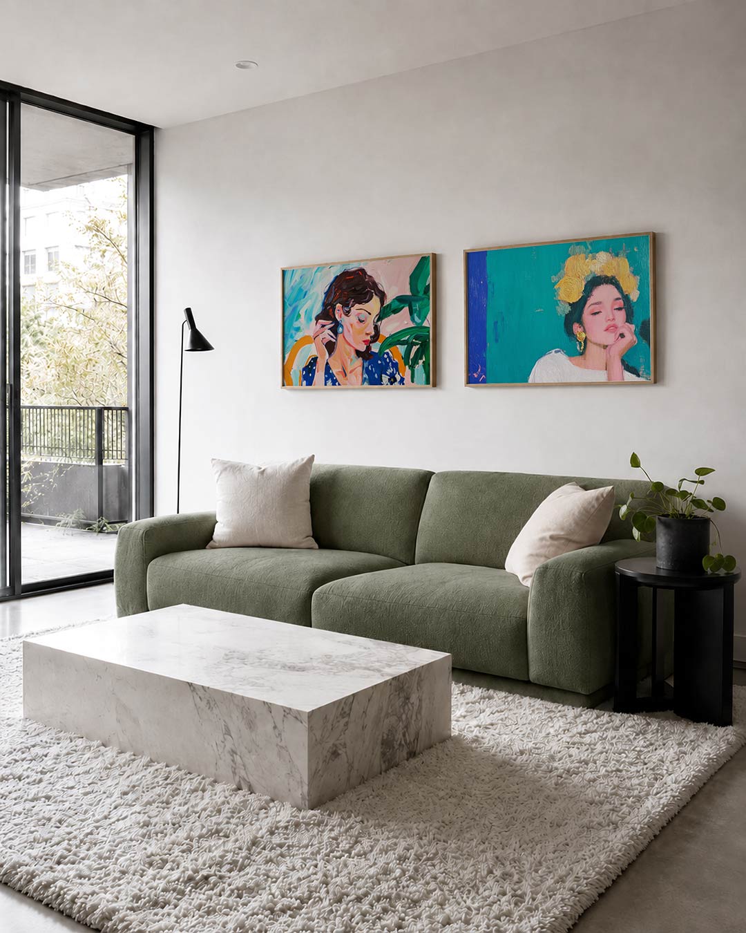 Tweedelige posterset met donkere tinten en een rustige visuele opbouw, getoond in een interieur