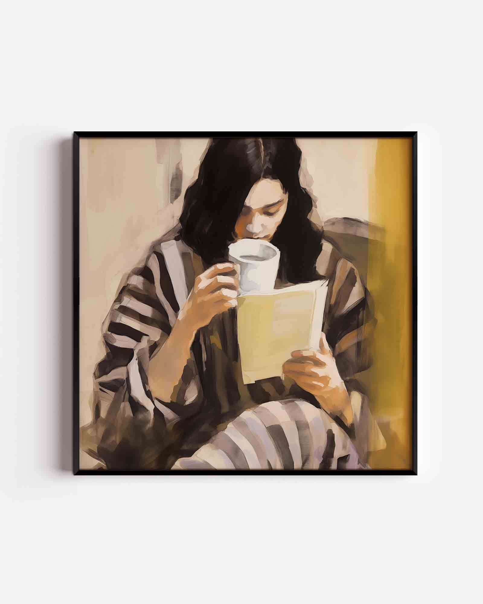 Vrouw met kopje en boek Poster