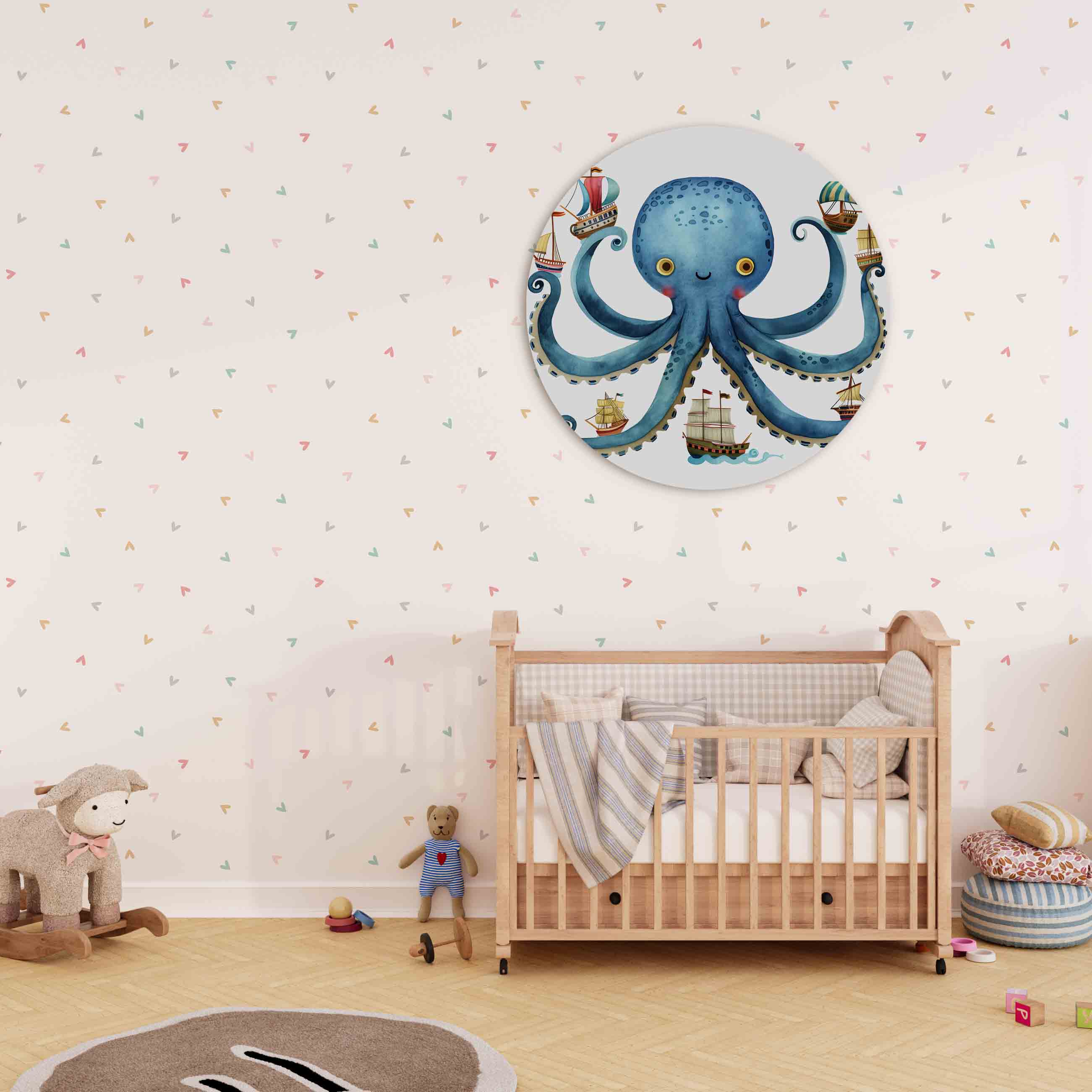 Blauwe octopus met schepen Muurcirkel
