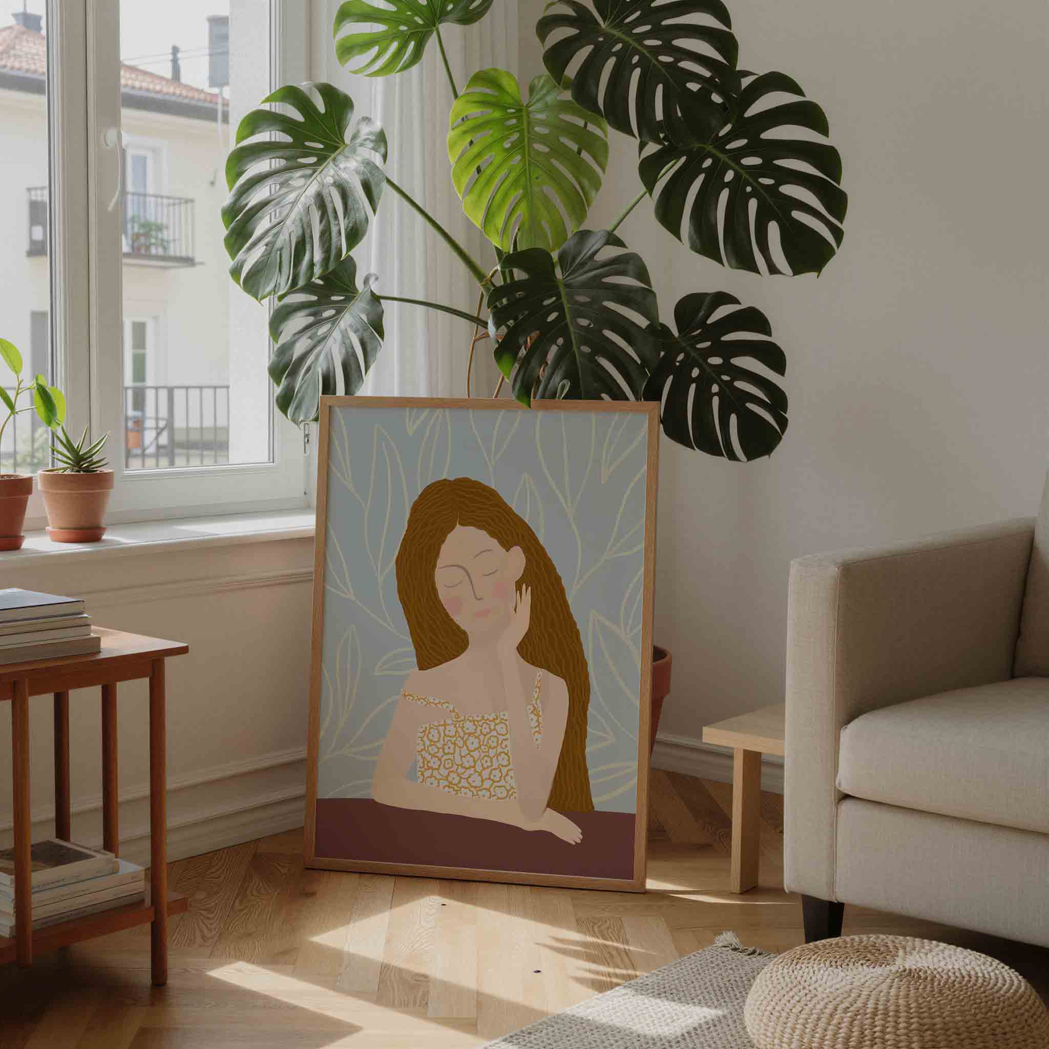 Vrouw met bloemenjurk Poster