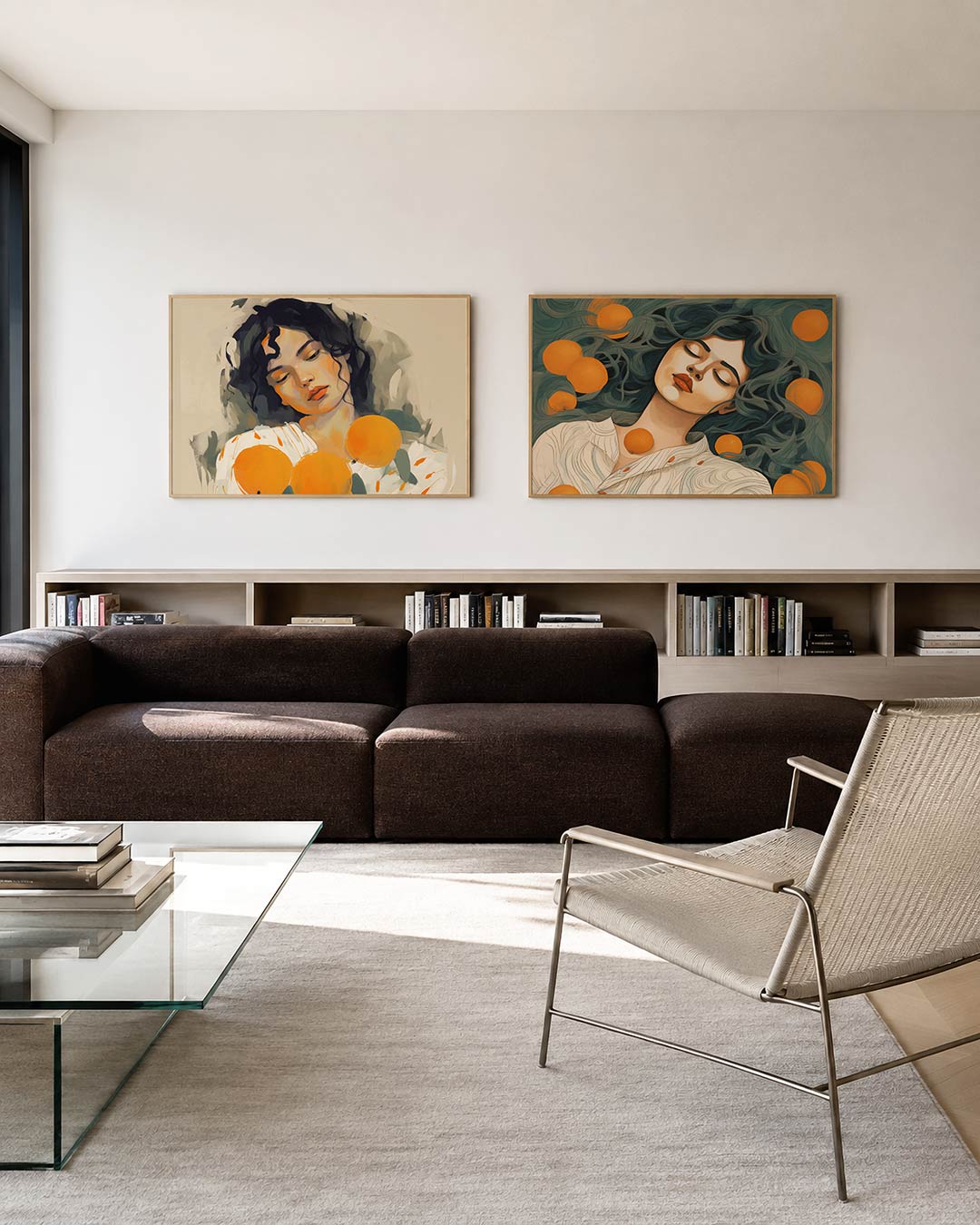 Twee liggende posters met een zachte compositie van vloeiende lijnen en warme kleuren, aan de muur in een interieur