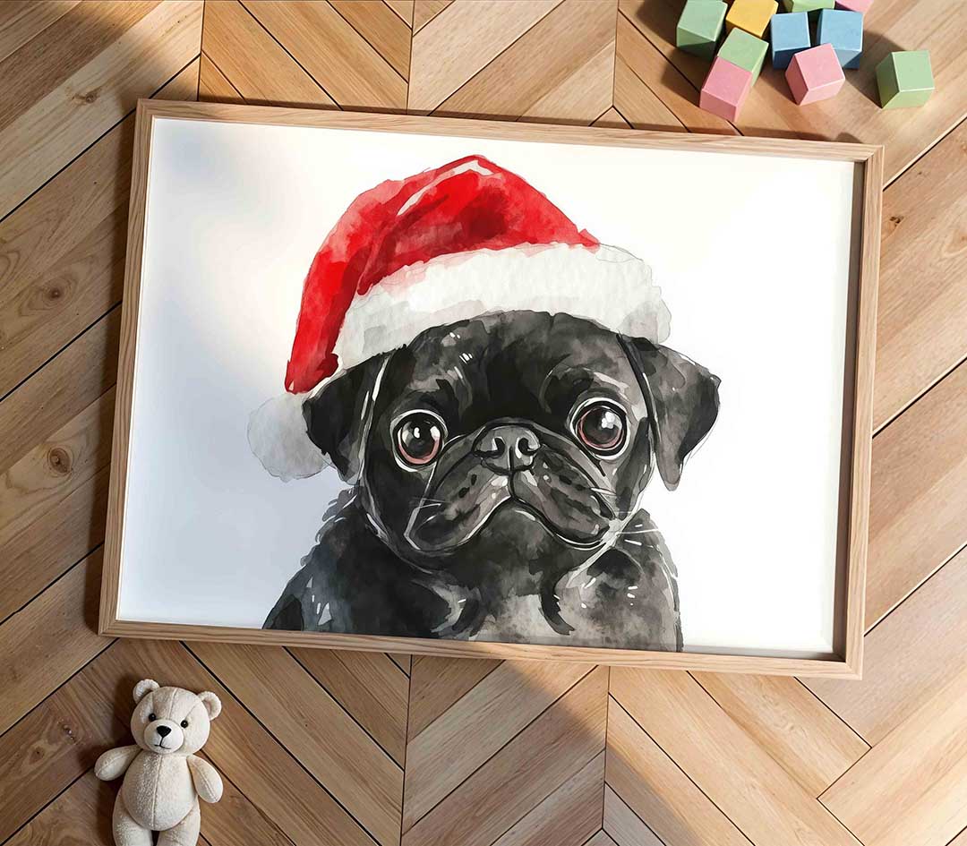 Mopshond met kerstmuts Poster