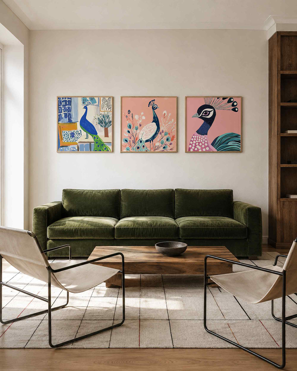 Interieurpresentatie van een driedelige vierkante posterset met pauw illustraties