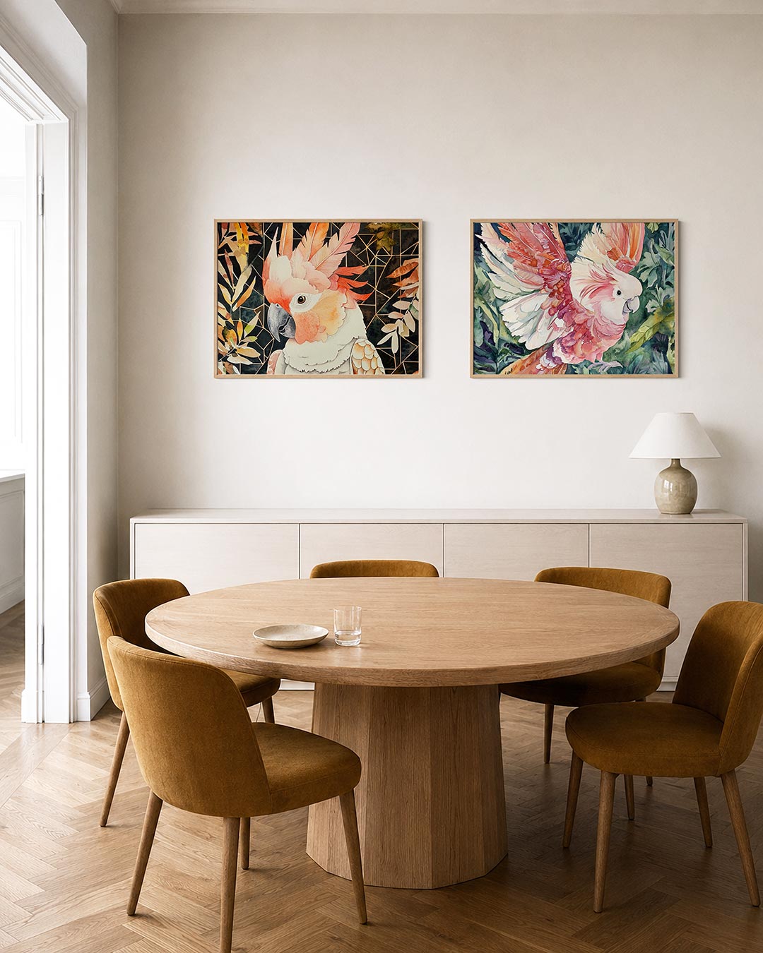Tweedelige posterset met een kleurrijke vogel met roze en oranje tinten, getoond in een interieur