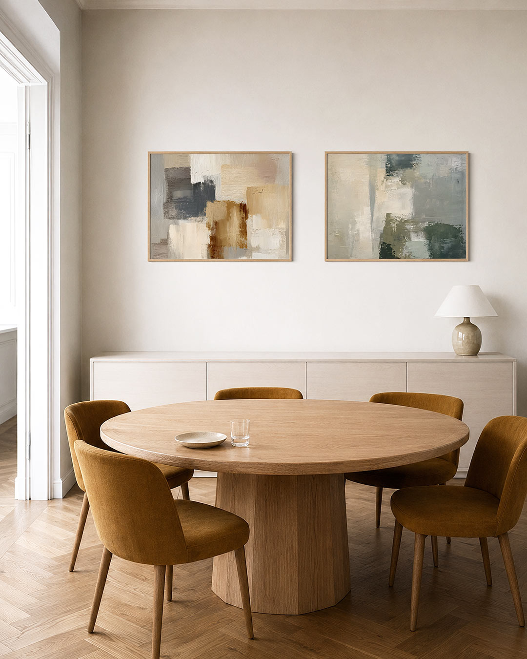 Interieurpresentatie van twee posters met beige, bruin en grijs