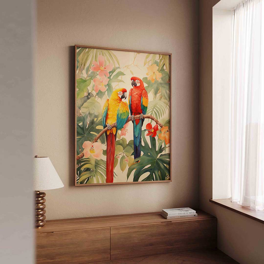 Papegaaien en bloemen Poster
