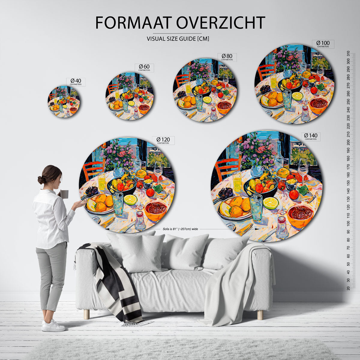 Fruit en bloemen op tafel Muurcirkel