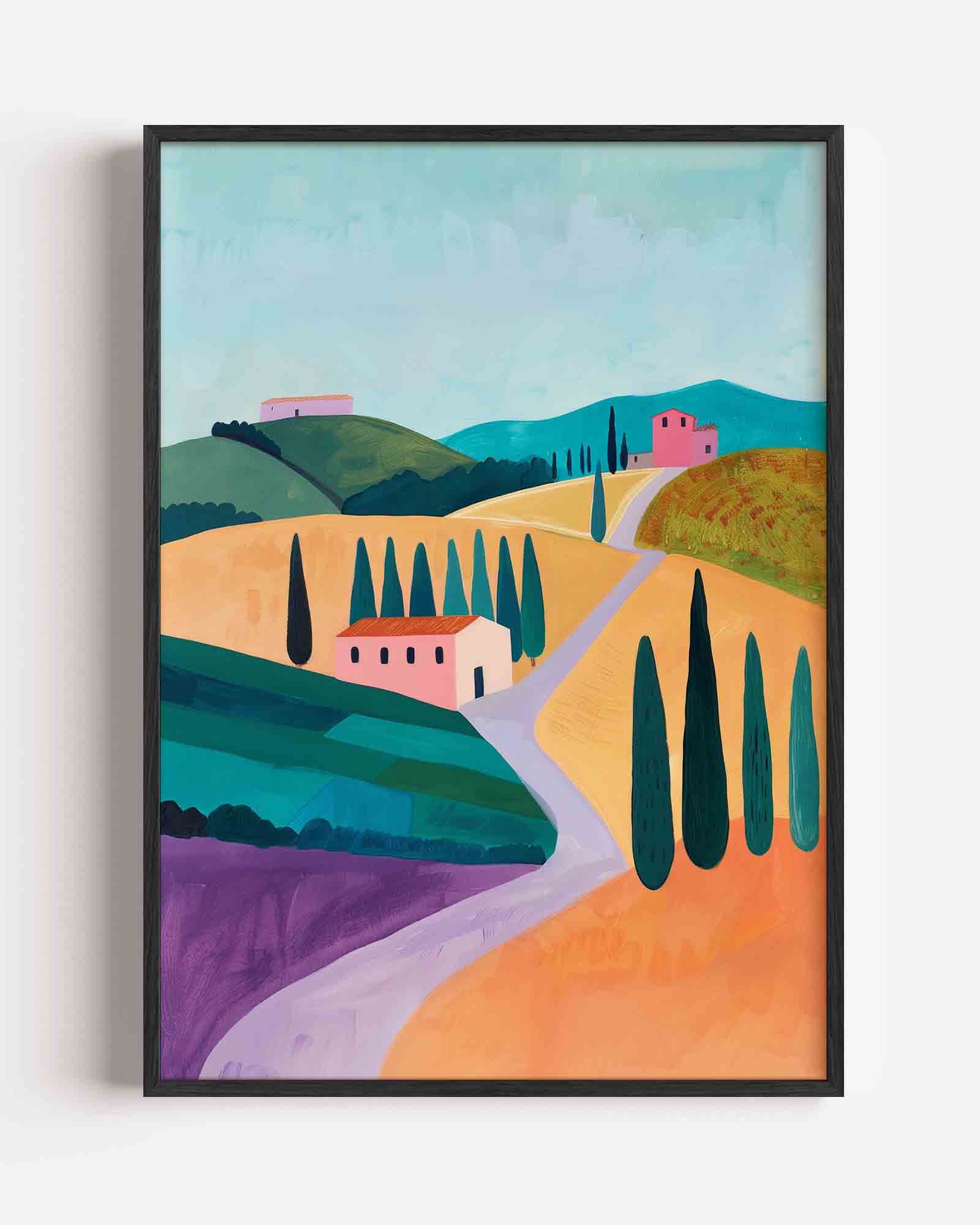 Landschap met heuvels en huizen Poster