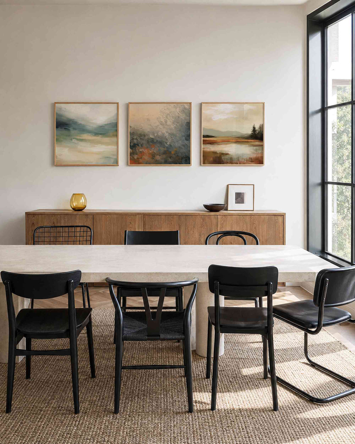 Interieurpresentatie van een driedelige vierkante posterset met abstracte landschappen