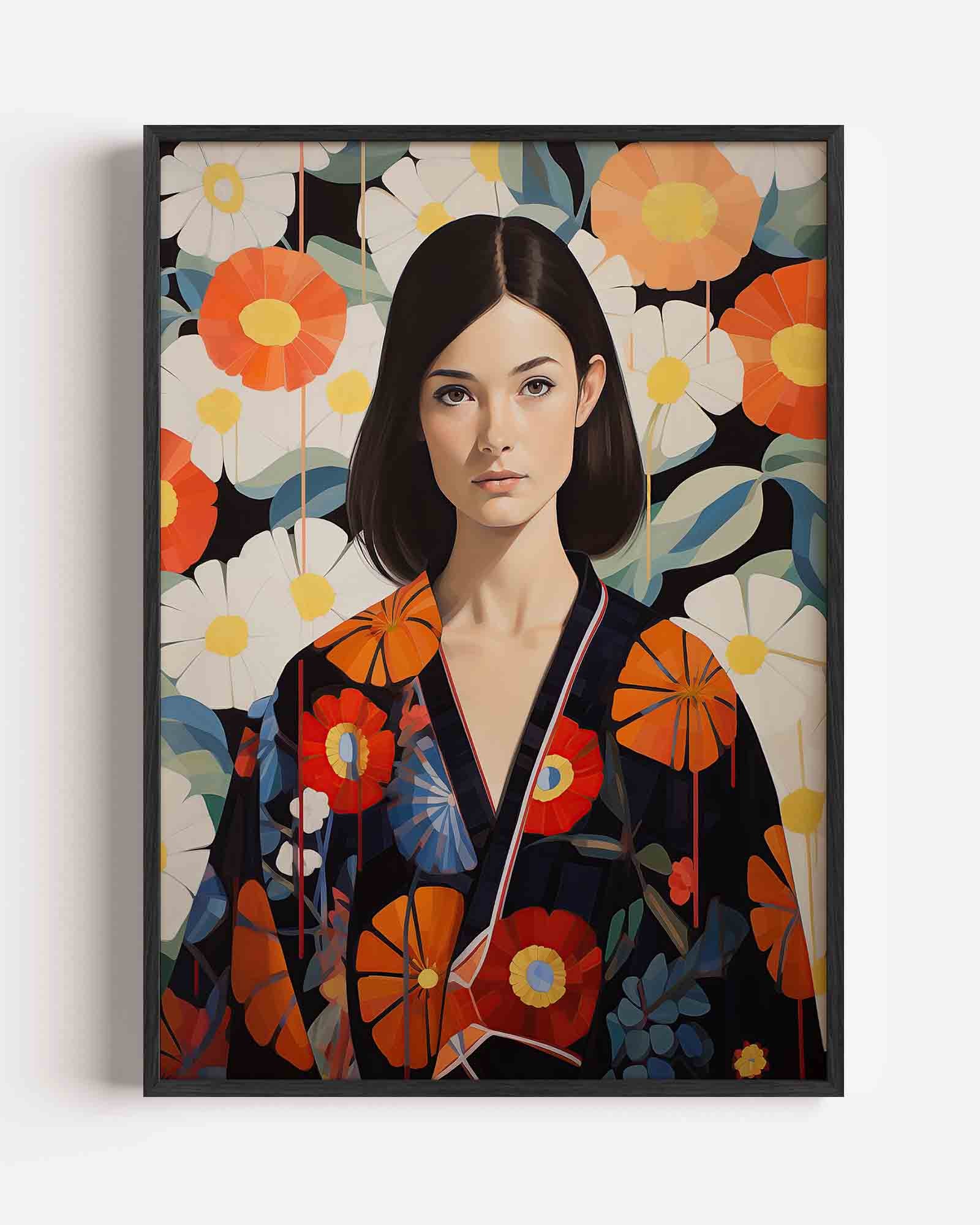 Vrouw met bloemenachtergrond Poster