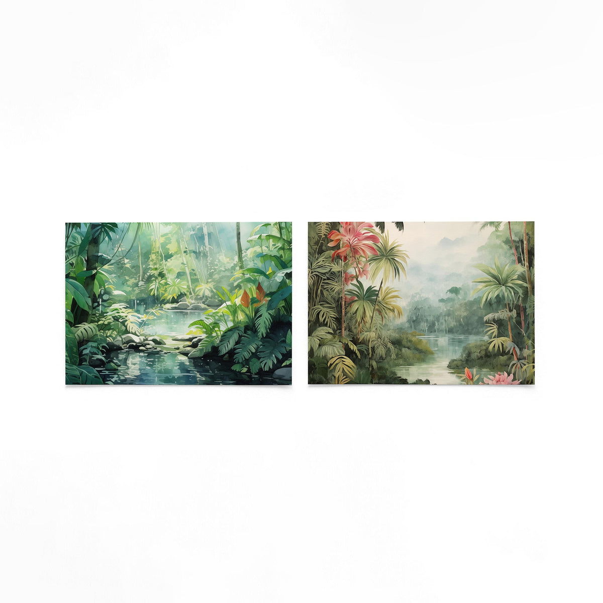 Twee liggende posters met een weelderige jungle met overvloedig groen op een gebroken witte achtergrond