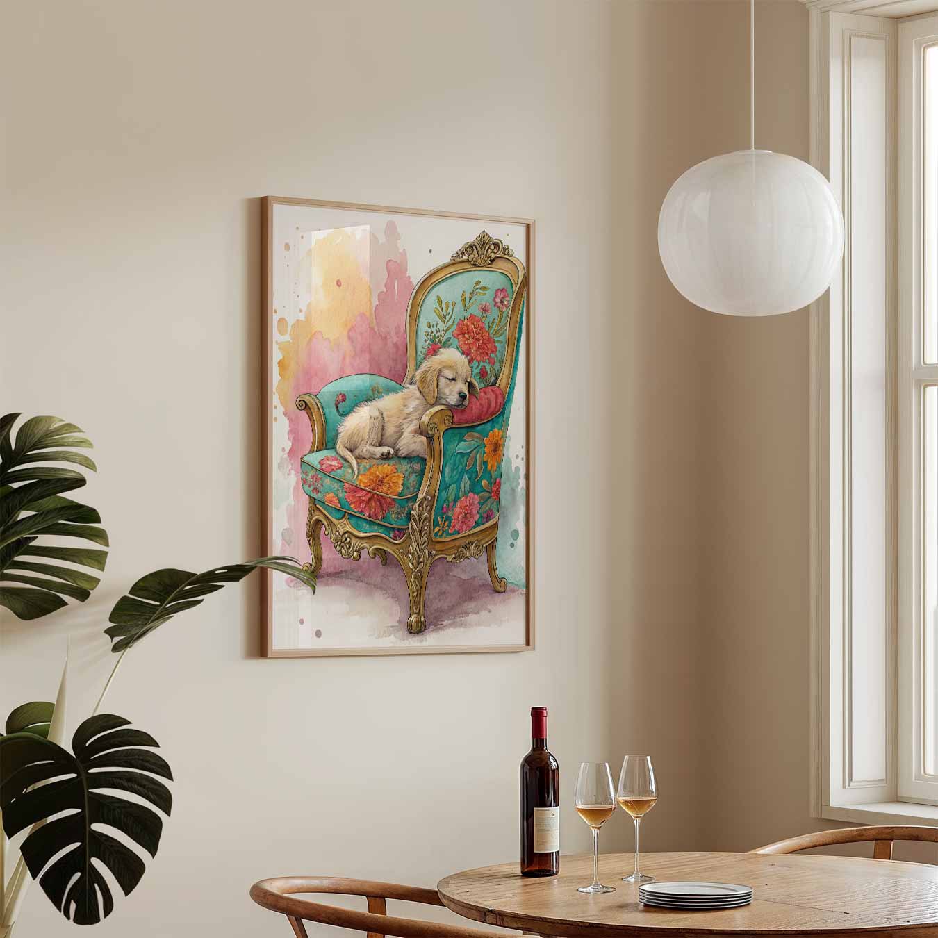 Dromerig Puppy op Bloemenstoel Poster-WallArtistic