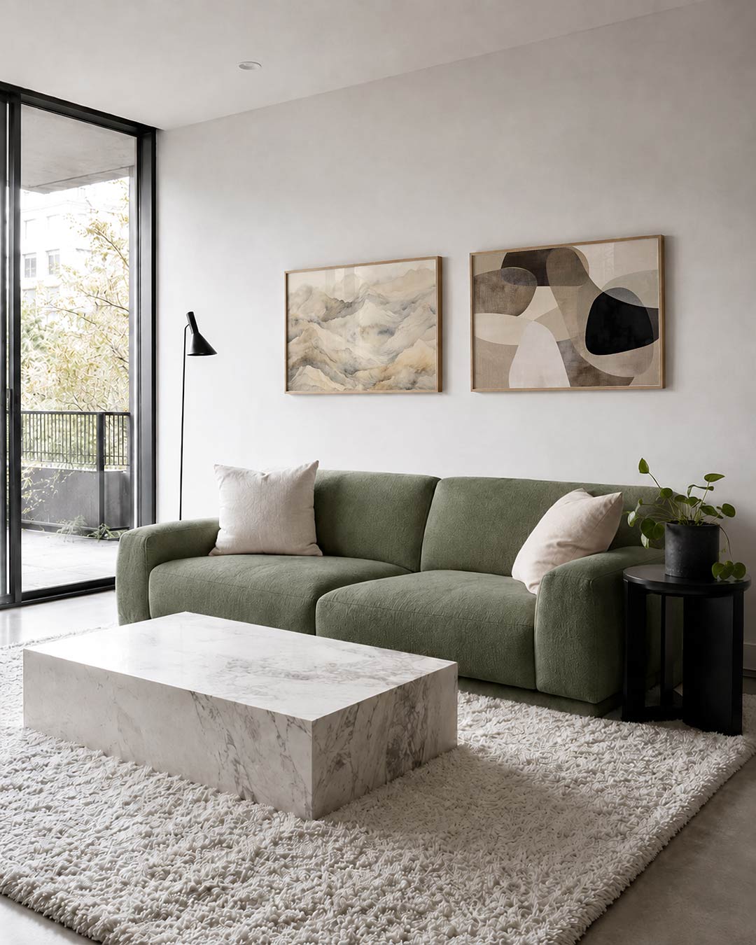 Twee liggende posters met golvende bergvormen in zachte tinten, aan de muur in een interieur