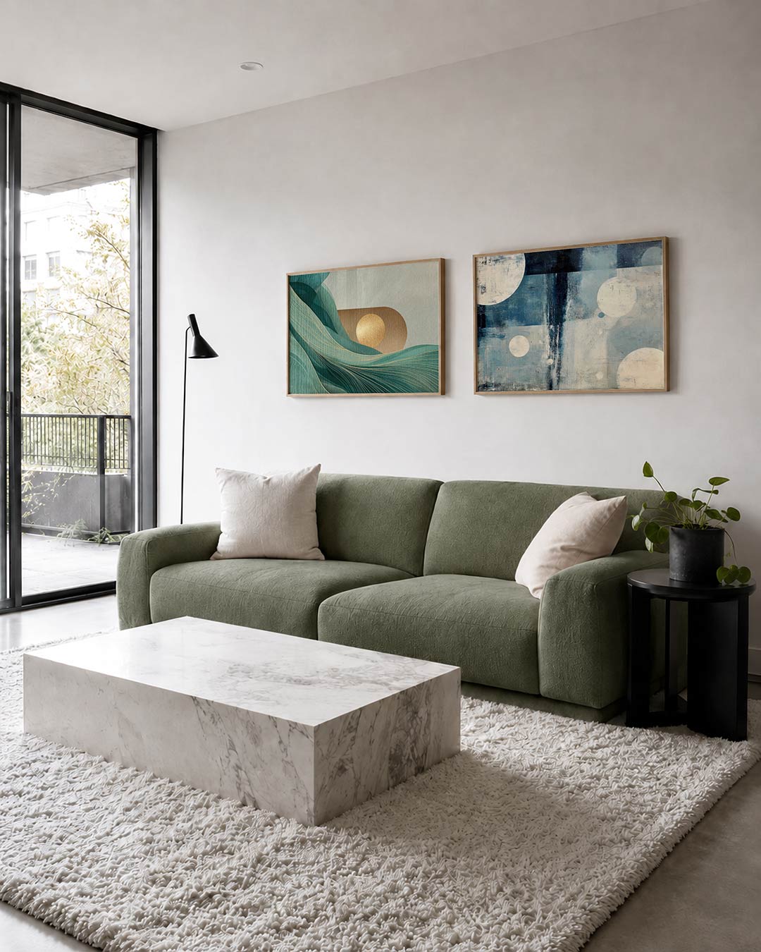 Twee liggende posters met vloeiende groene lijnen, aan de muur in een interieur