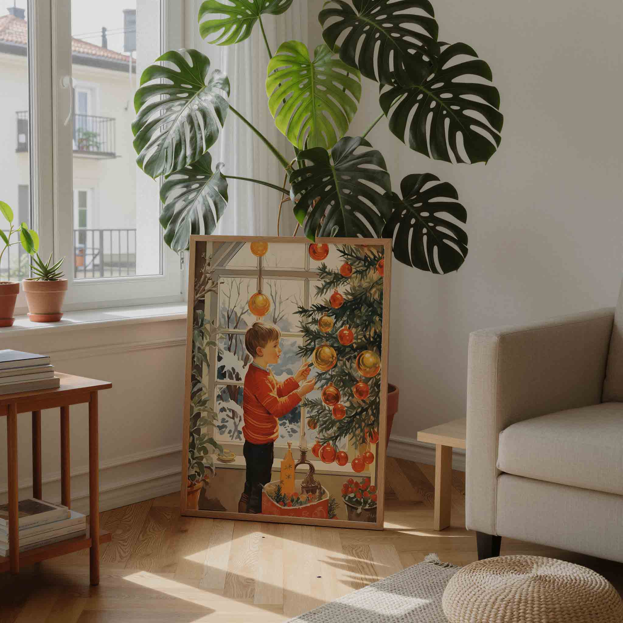 Jongetje bij kerstboom Poster