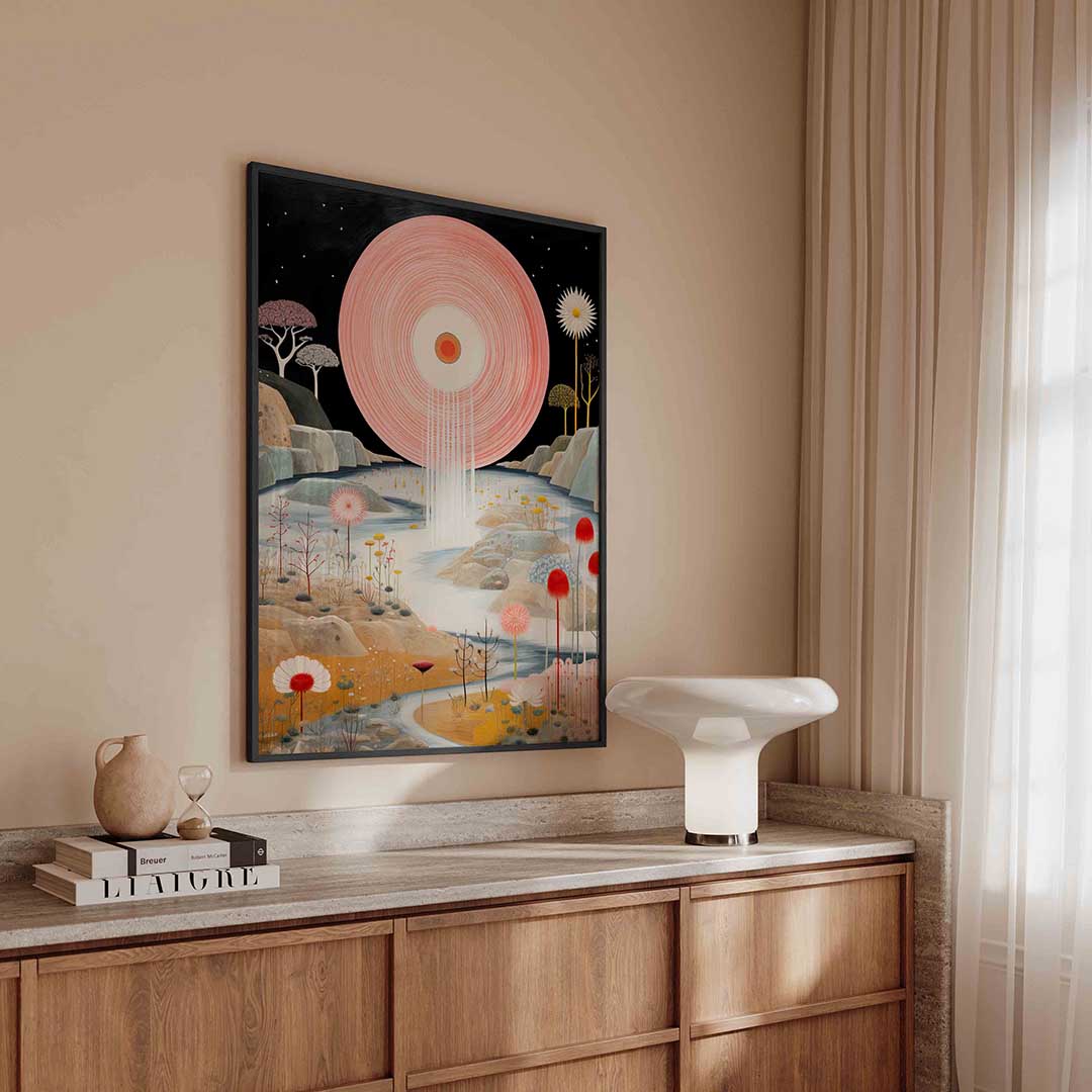 Landschap met grote roze cirkel Poster