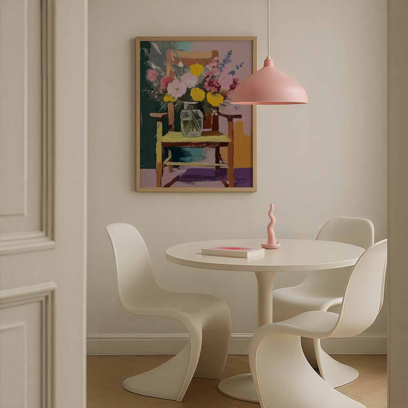 Romantische Bloemenpracht op Houten Stoel Poster-WallArtistic