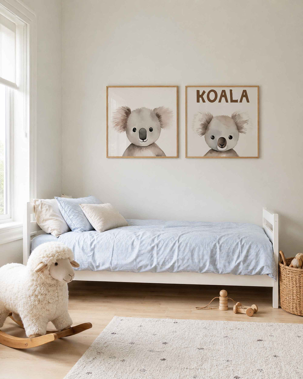Interieurpresentatie van een tweedelige vierkante posterset met koala portretten