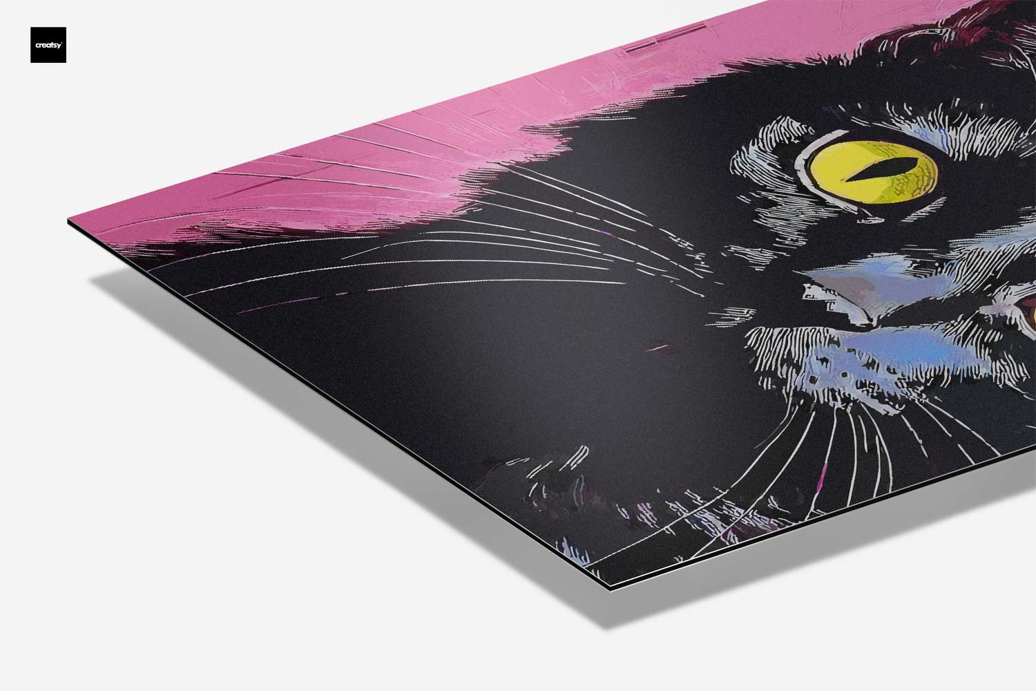 Kunstwerk: Katze mit gelben Augen auf rosa Hintergrund