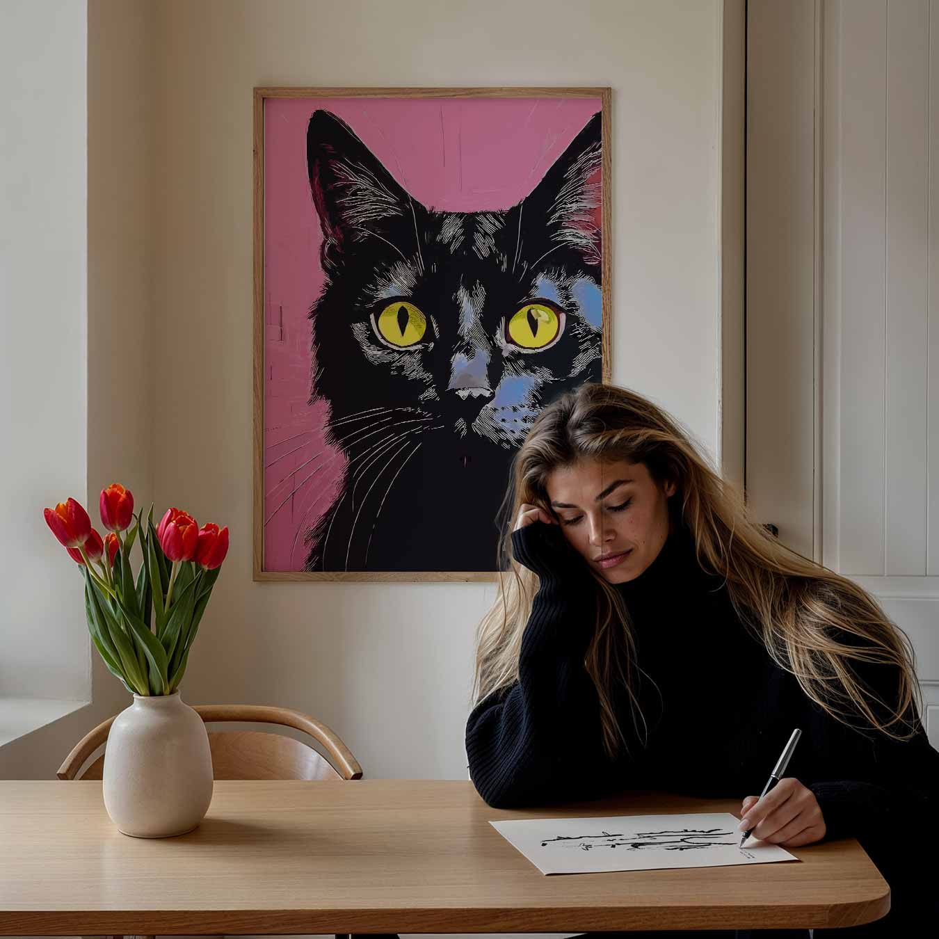 Stijlvolle Kattenposter met Roze Achtergrond Poster-WallArtistic