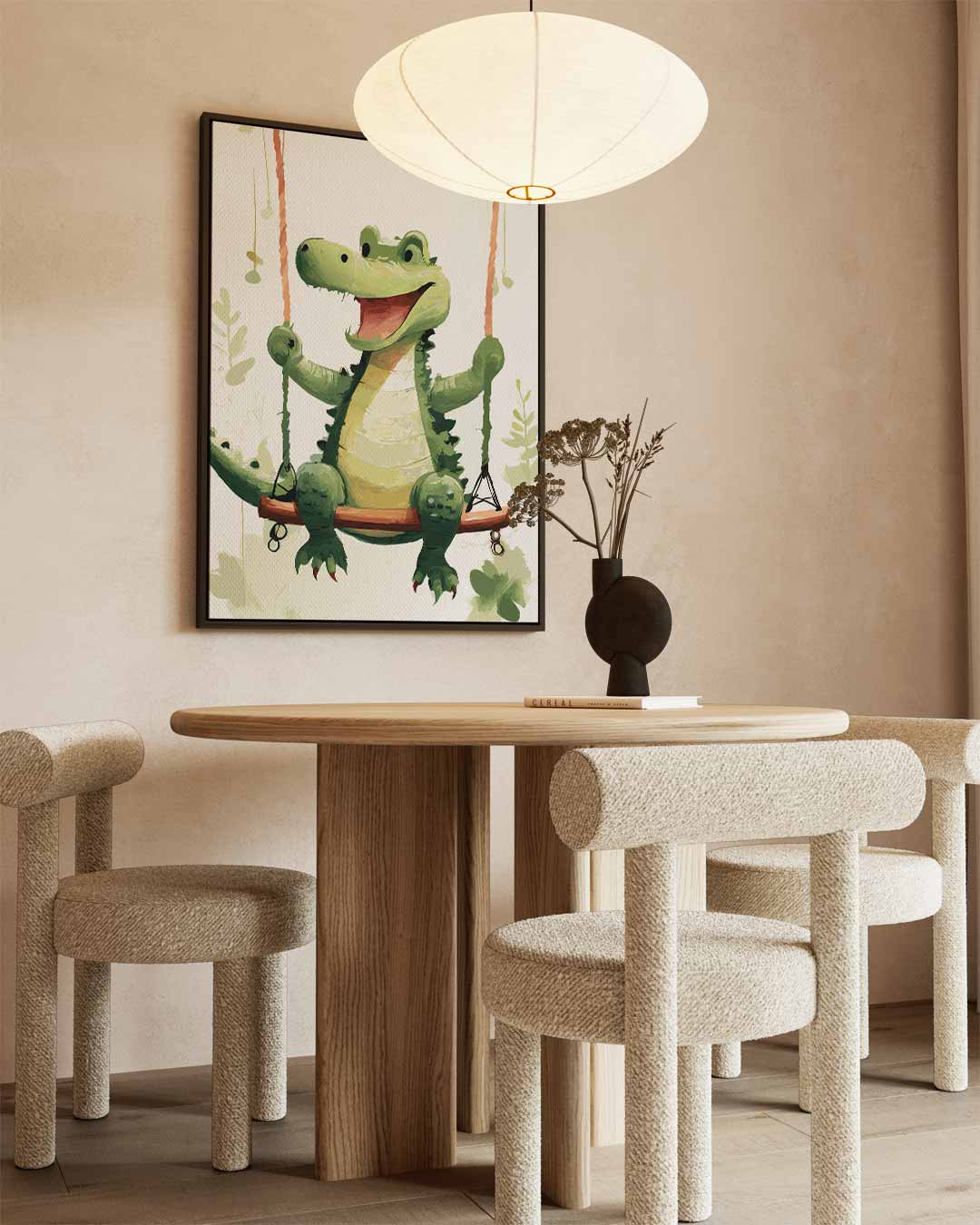 Vrolijke Krokodil op de Schommel Kunstwerk-canvas-dibond-plexiglas-wanddecoratie-WallArtistic