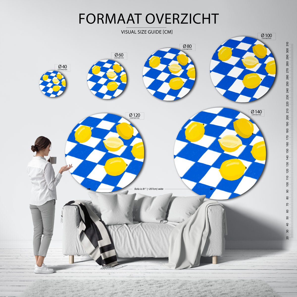Citroenen op blauw wit Muurcirkel