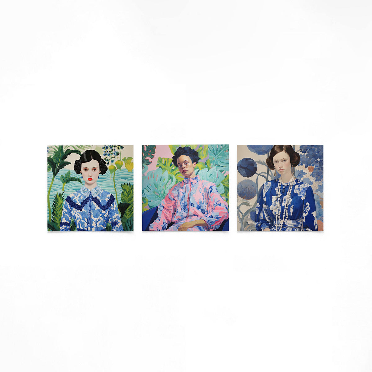 Drie vierkante posters met vrouwenportretten in blauw op een gebroken witte achtergrond