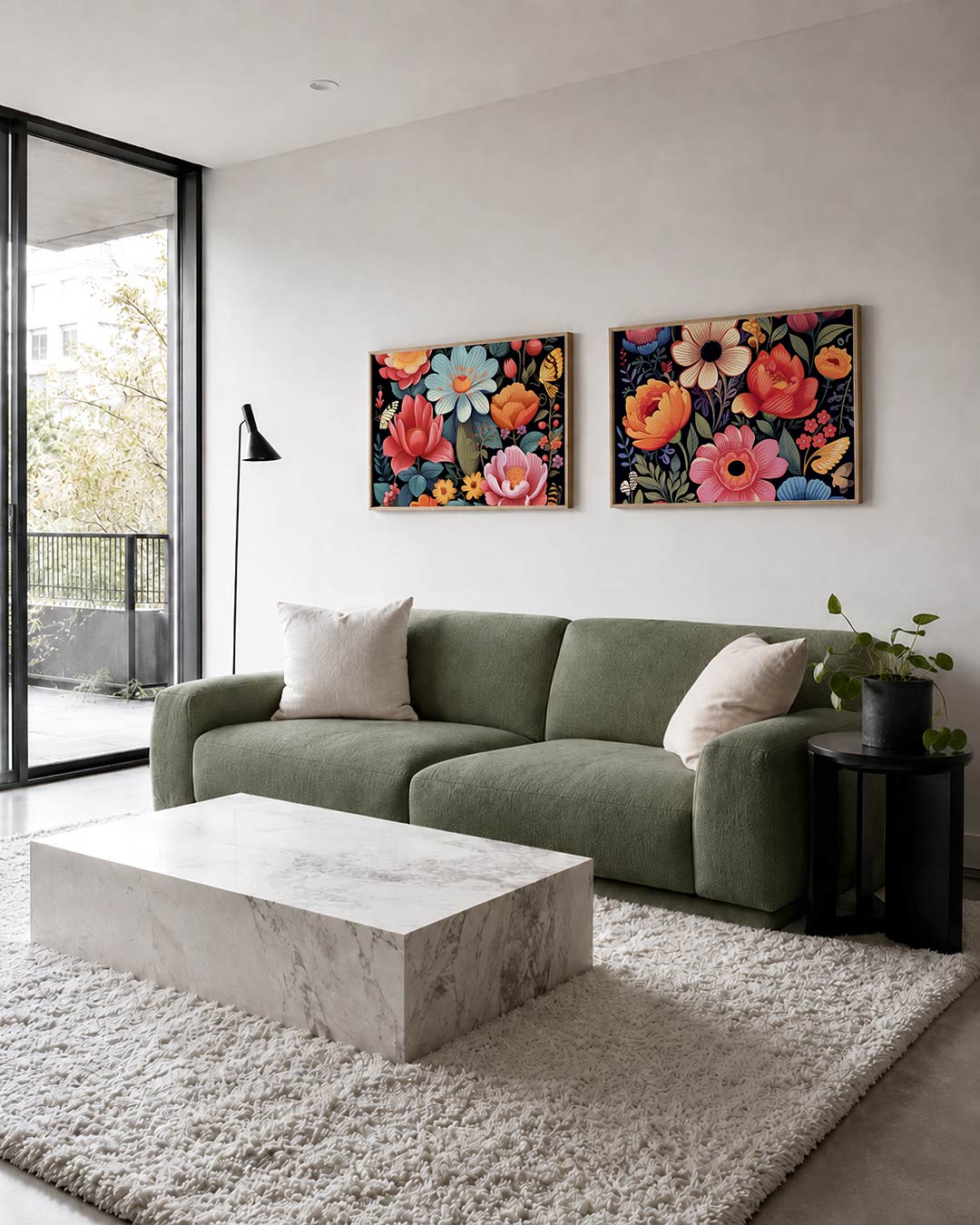 Twee liggende posters met grote bloemen in rood, aan de muur in een interieur
