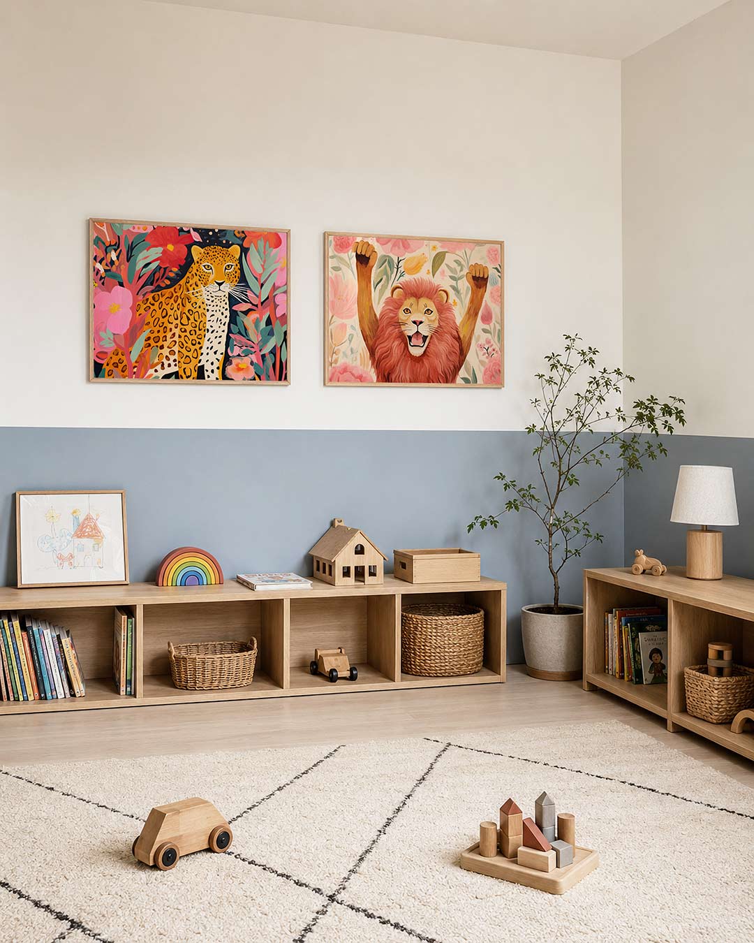 Interieurpresentatie van twee posters met een luipaard omringd door grote bloemen en bladeren