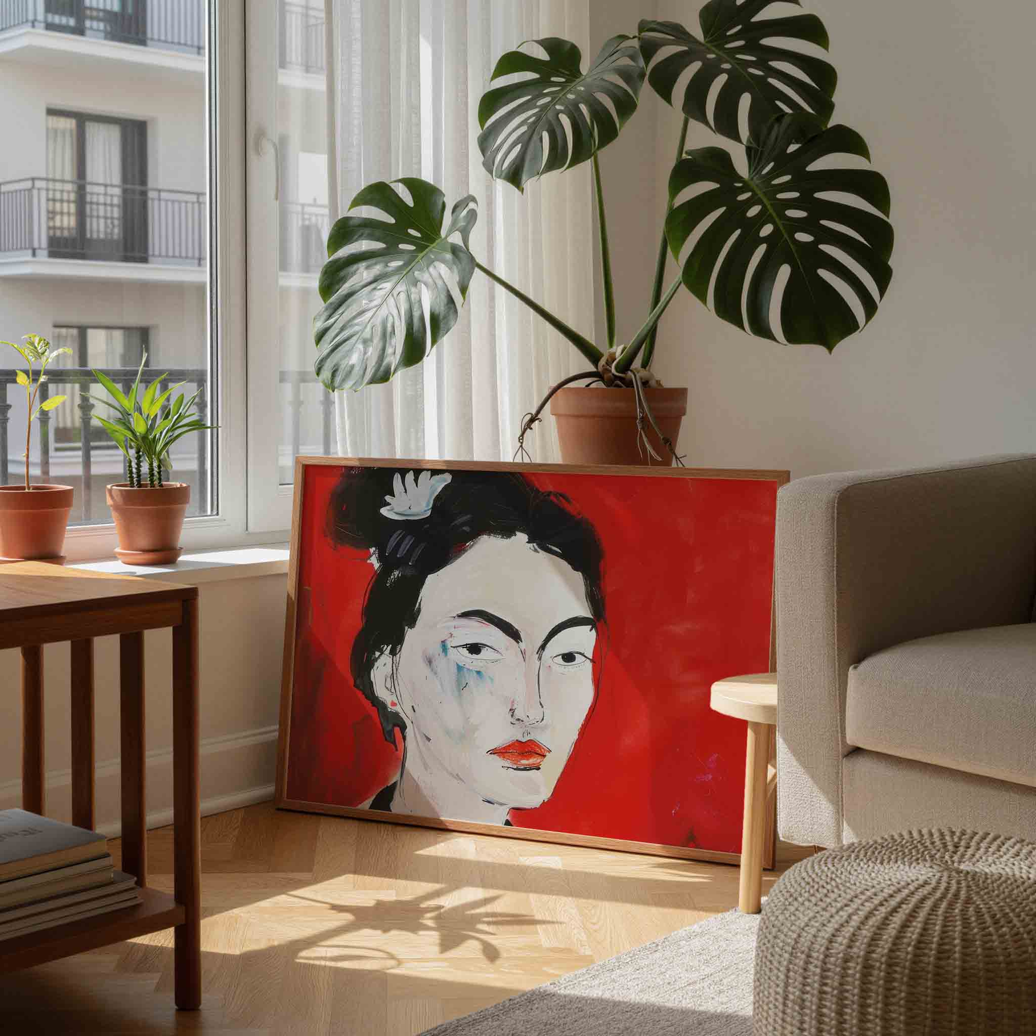 Portret met rode achtergrond Poster
