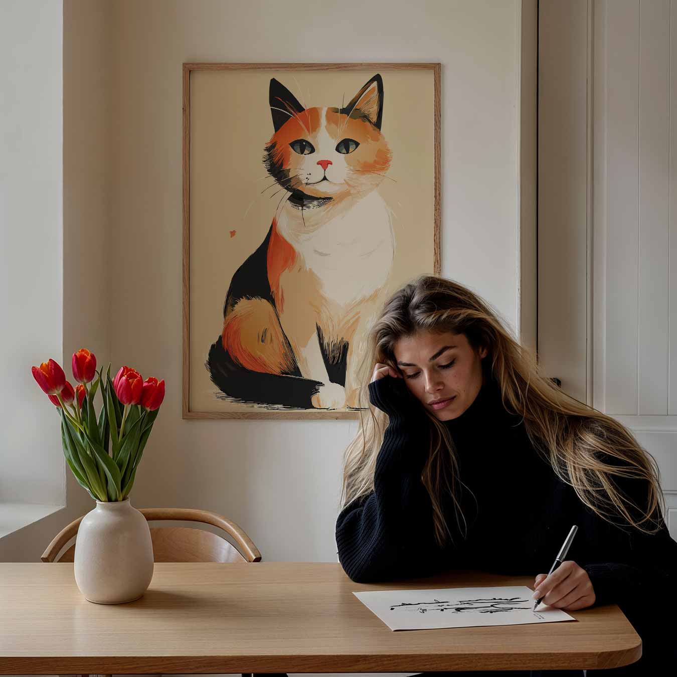 Schattige Calico Kat aan de Muur Poster-WallArtistic