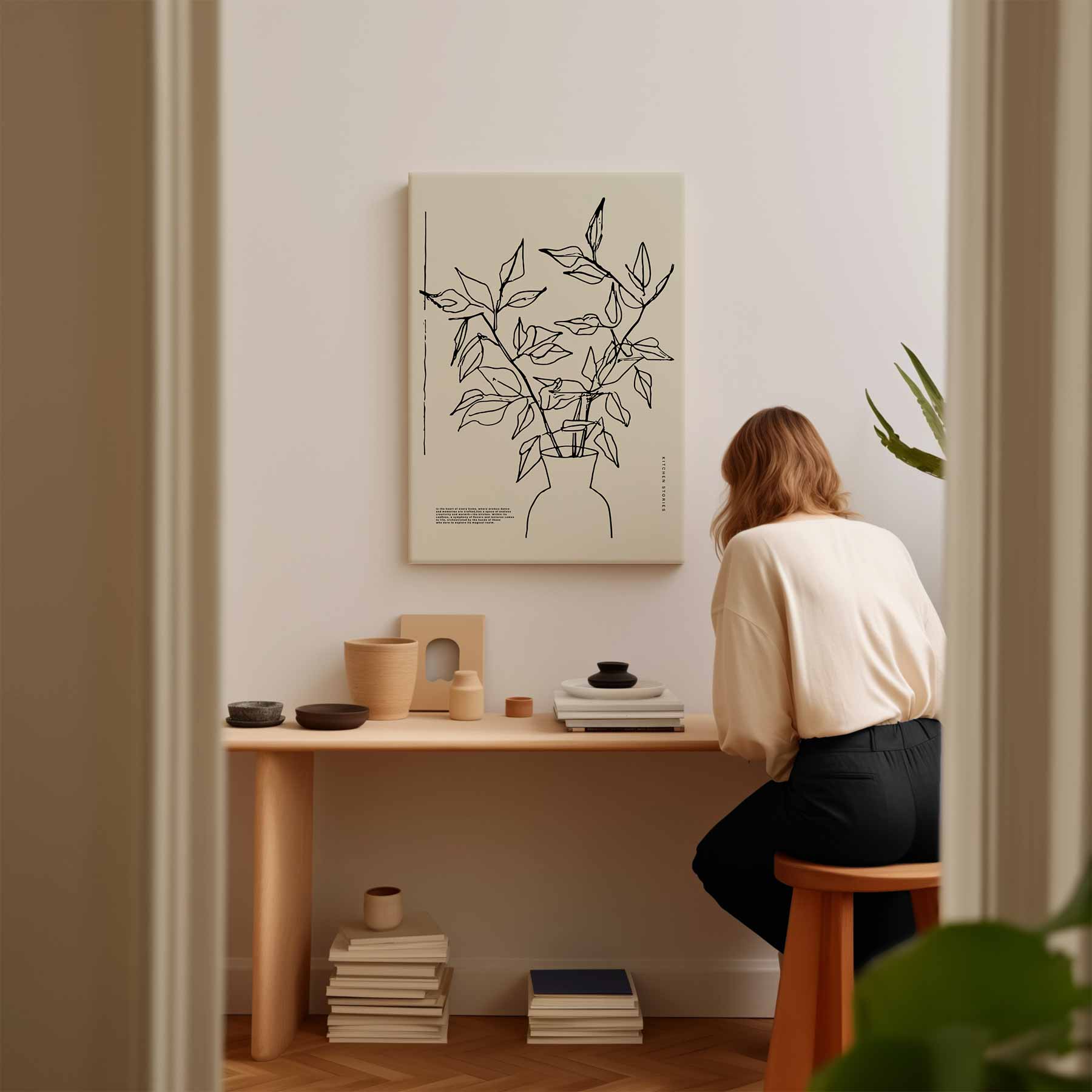 Minimalistische Plantenschets in Vaas Kunstwerk-canvas-dibond-plexiglas-wanddecoratie-WallArtistic