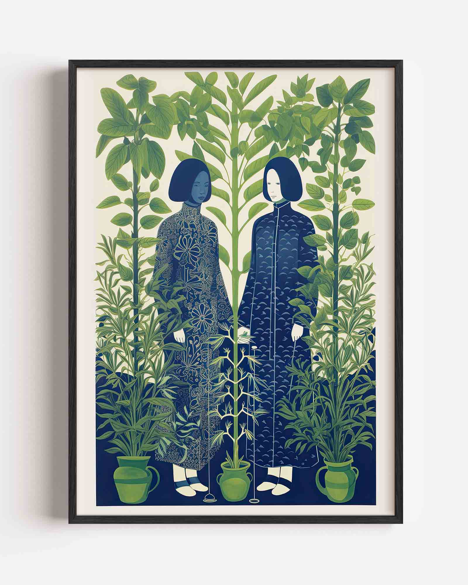 Twee figuren tussen planten Poster