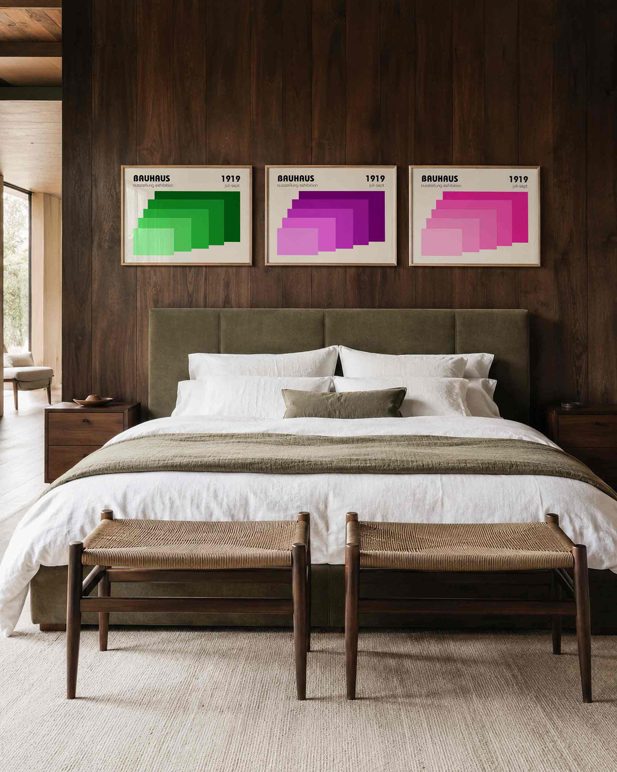 Interieurmockup van drieluik landscape-posterset met groene paarse roze trappen