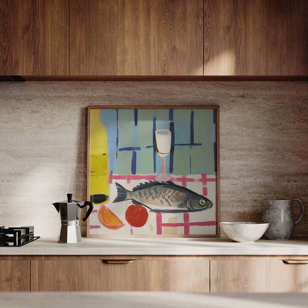 Vis en glas op tafel Poster