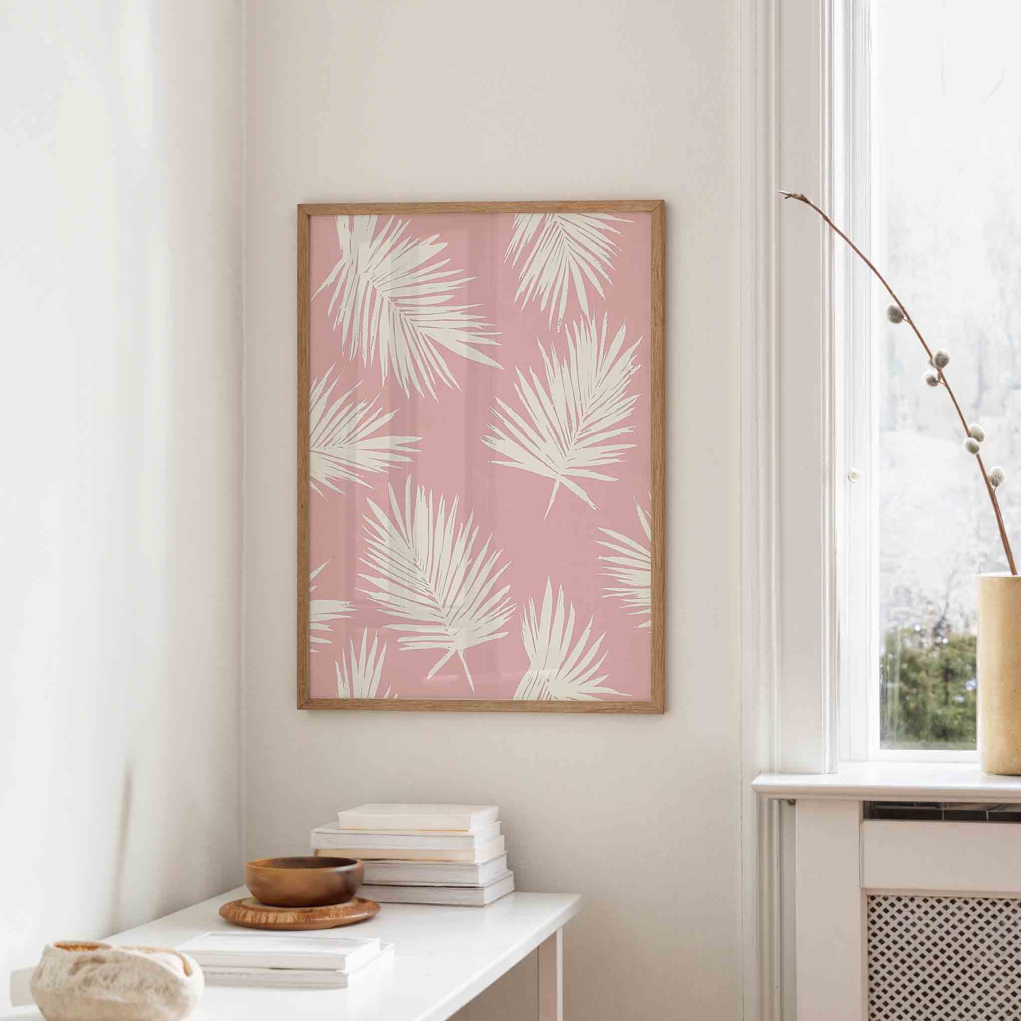 Beige bladeren op roze Poster