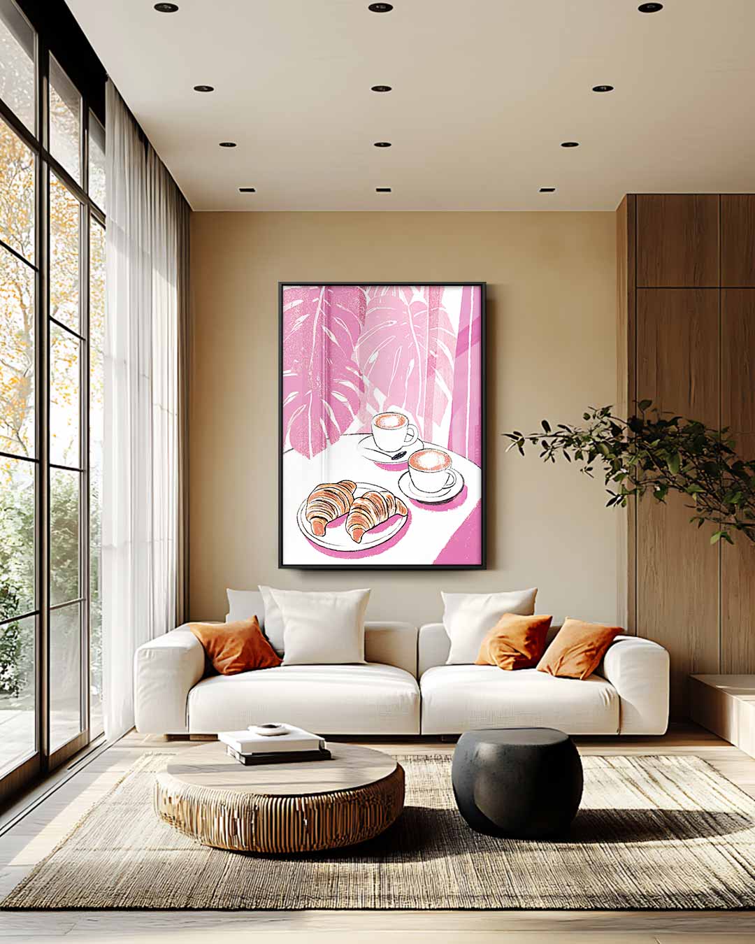 Koffie en Croissants in Roze Oase Kunstwerk-canvas-dibond-plexiglas-wanddecoratie-WallArtistic