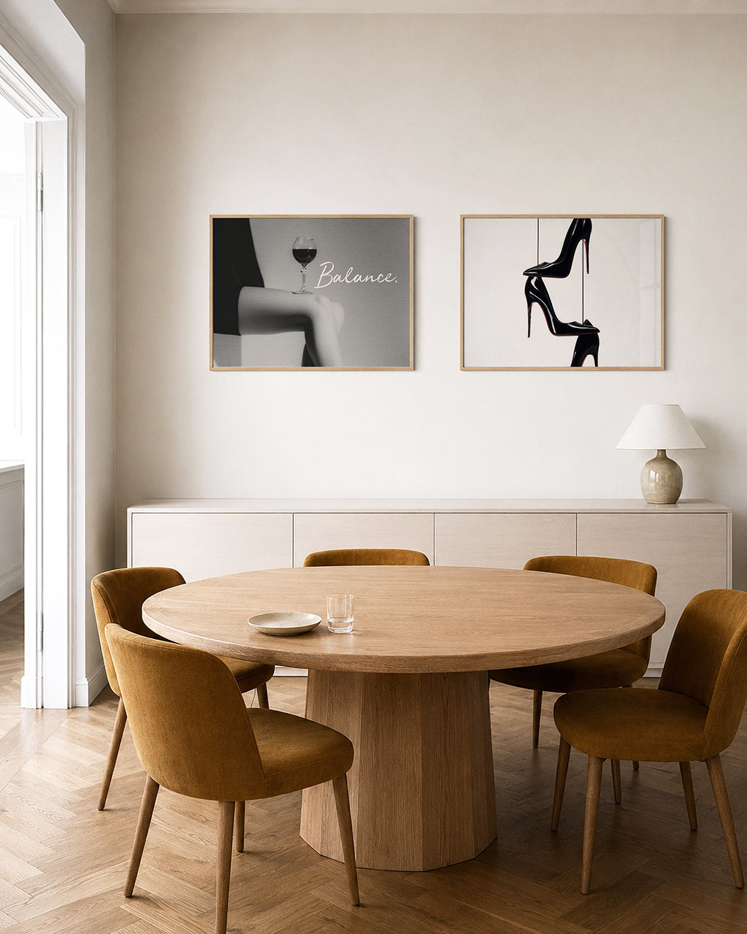 Twee liggende posters met een glas wijn op een knie, met sierlijke tekst en grijstinten, aan de muur in een interieur