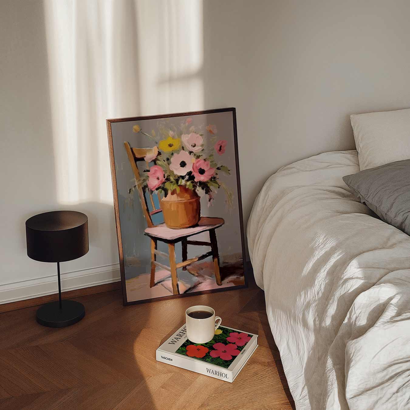 Bloemenvaas op Houten Stoel Poster-WallArtistic