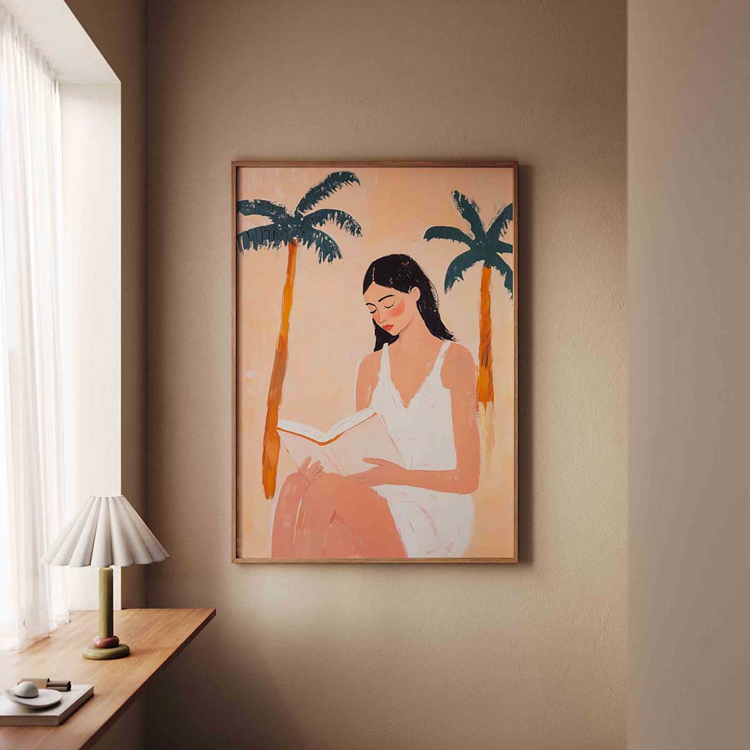 Lezende vrouw met palmbomen Poster