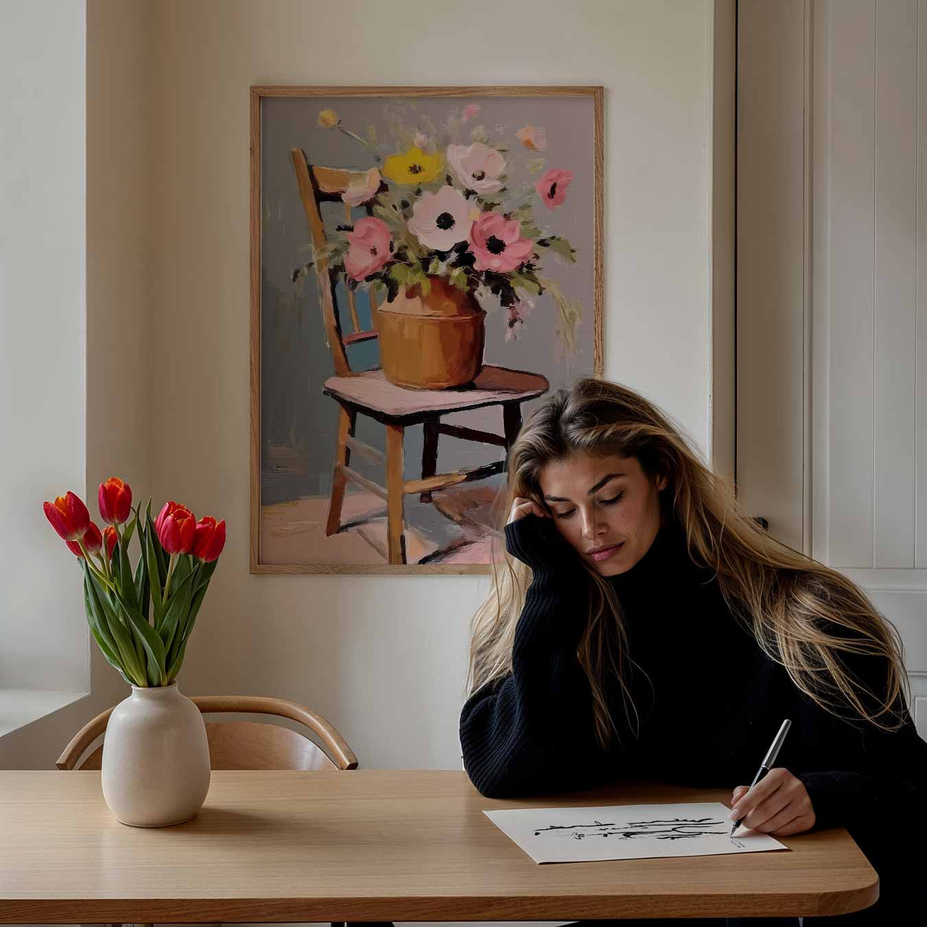 Bloemenvaas op Houten Stoel Poster-WallArtistic