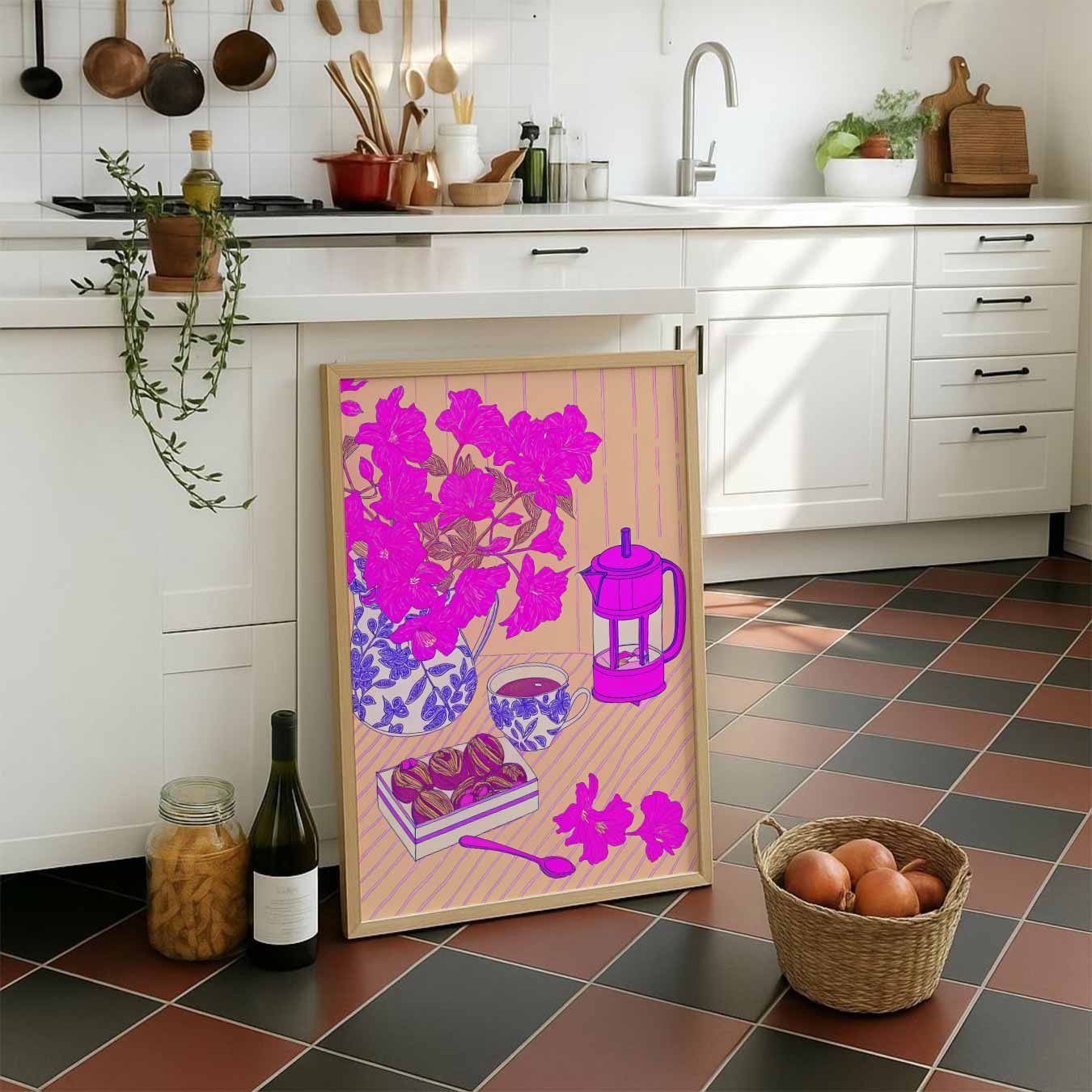 Roze Bloemen en Koffie Moment Poster-WallArtistic