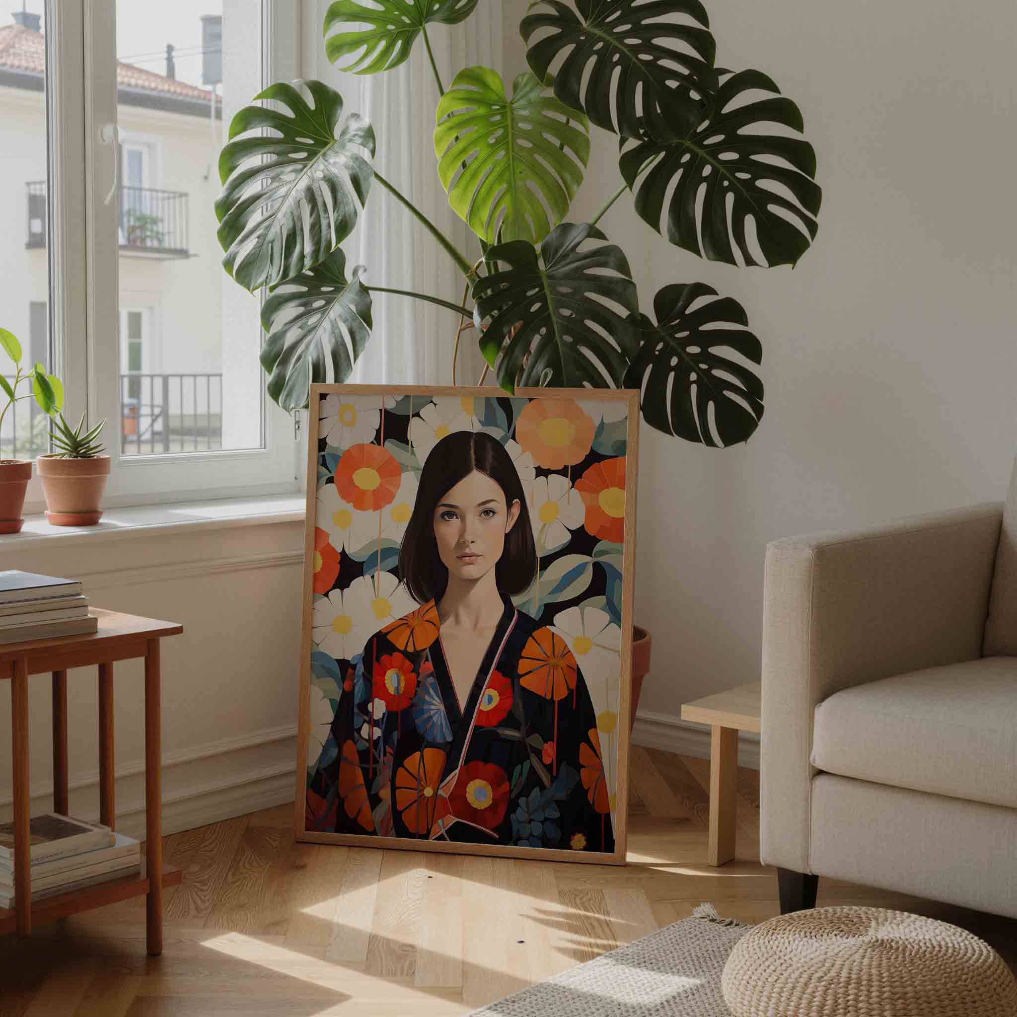 Vrouw met bloemenachtergrond Poster